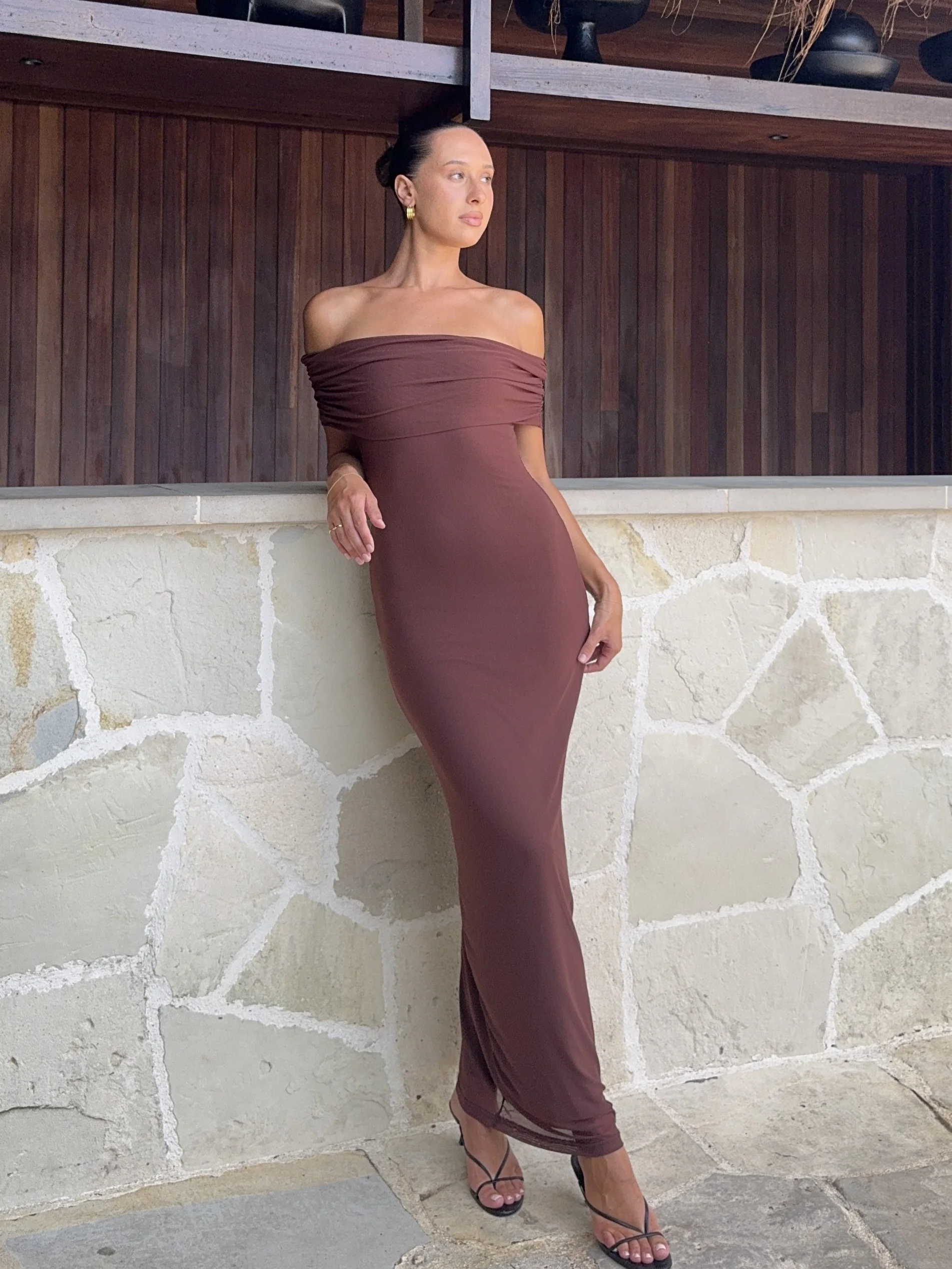 Darcey Off Shoulder Maxi Dress - Brown - Image 3