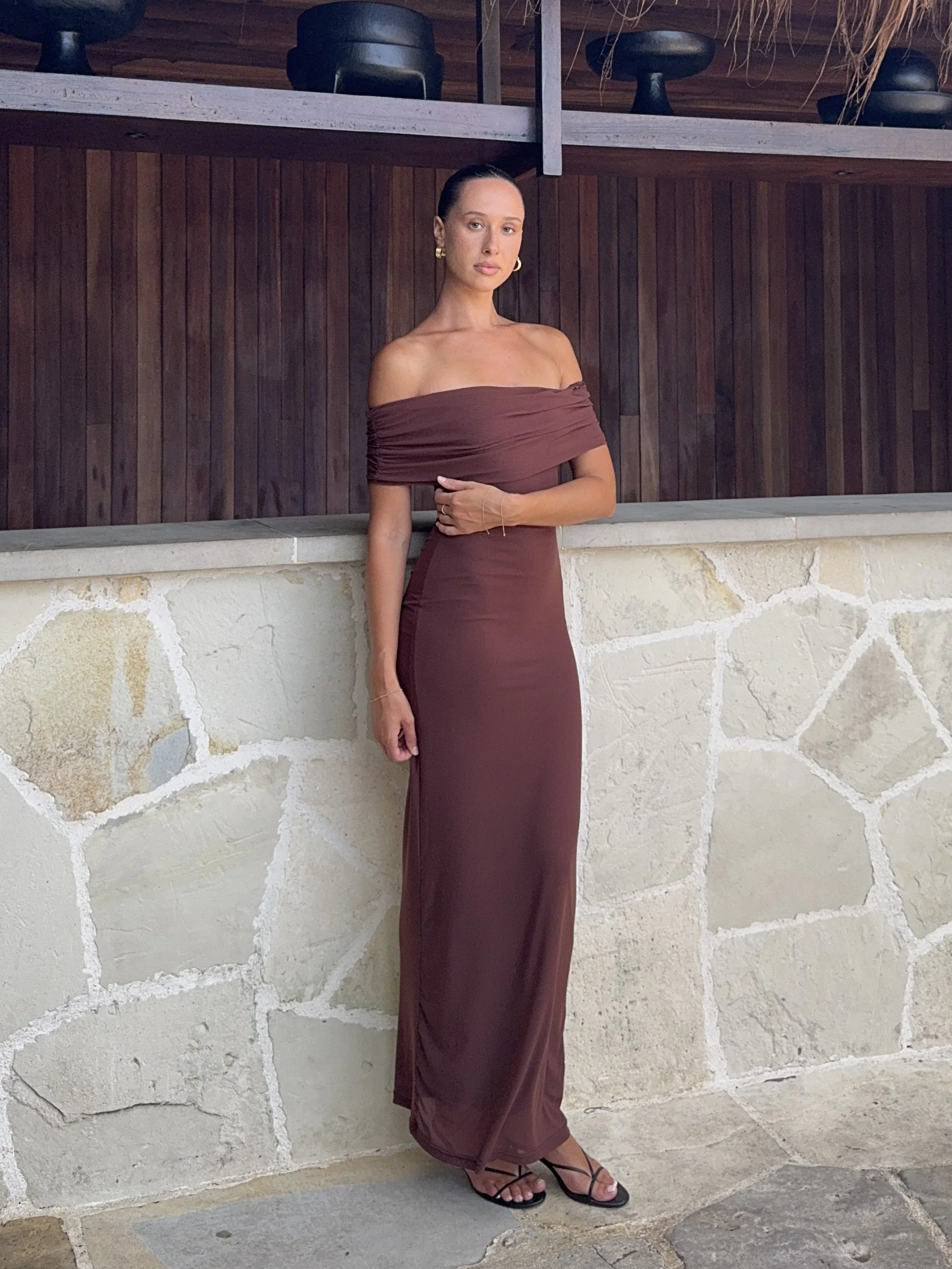Darcey Off Shoulder Maxi Dress - Brown - Image 6