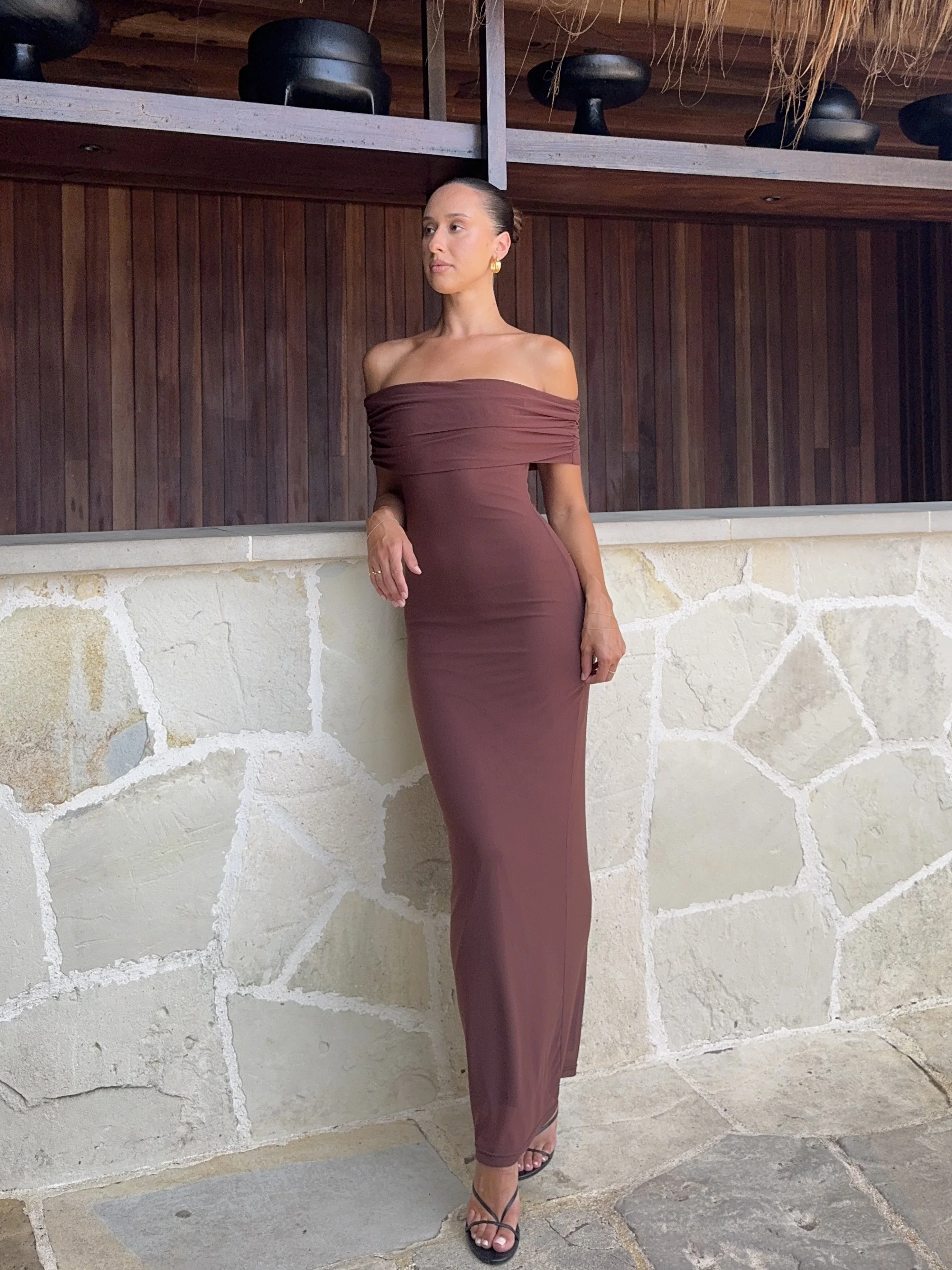 Darcey Off Shoulder Maxi Dress - Brown - Image 7