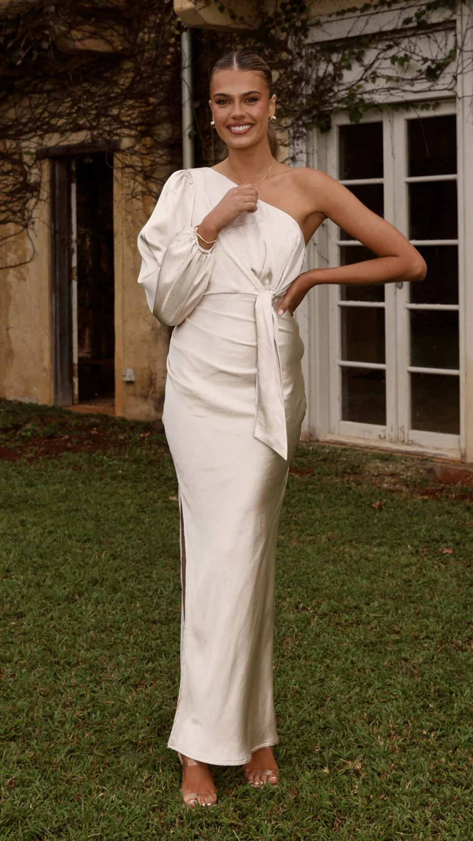 Eden One Shoulder Tie Front Maxi Dress - Champagne - Image 5