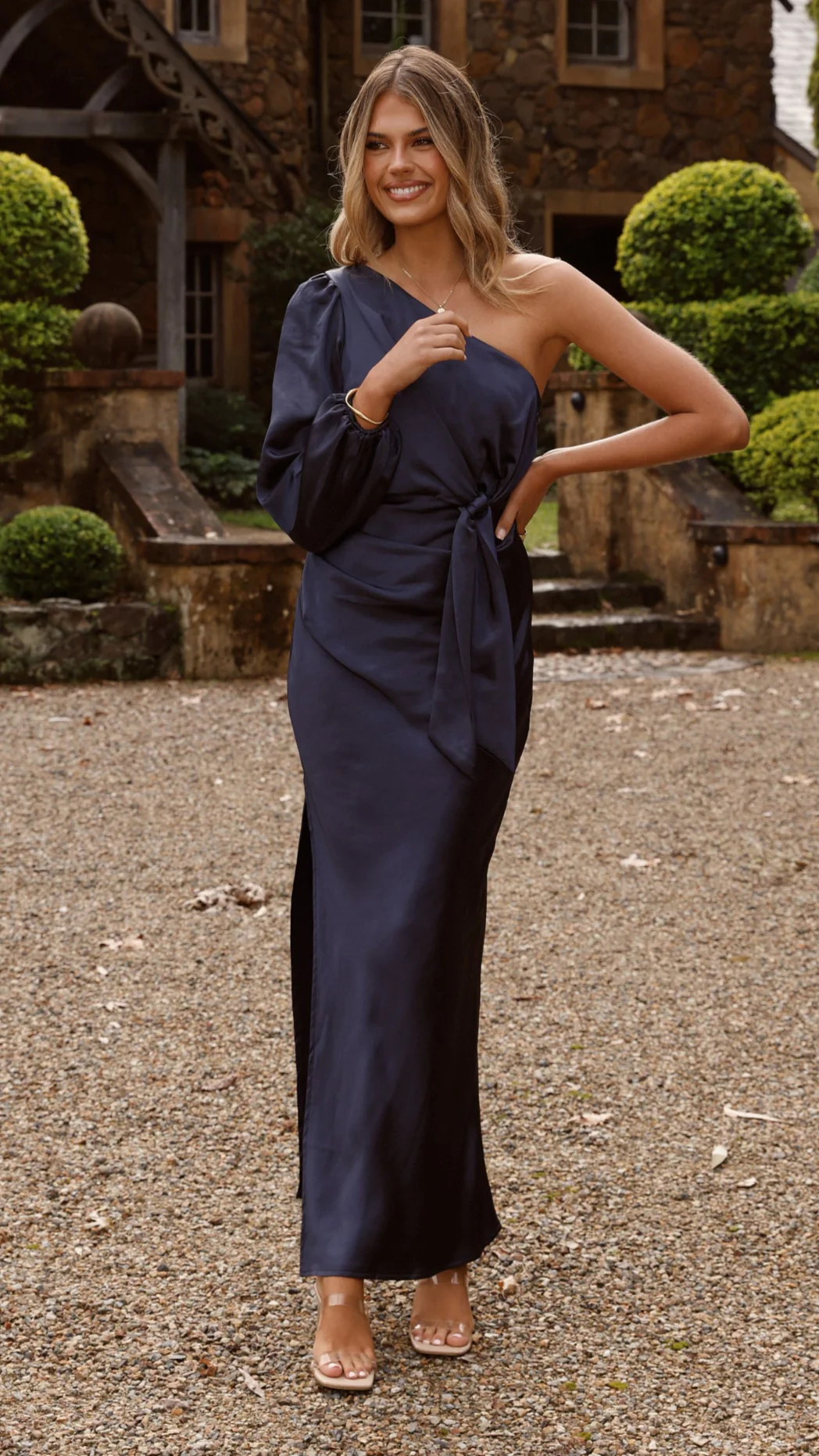 Eden One Shoulder Tie Front Maxi Dress - Navy - Image 10