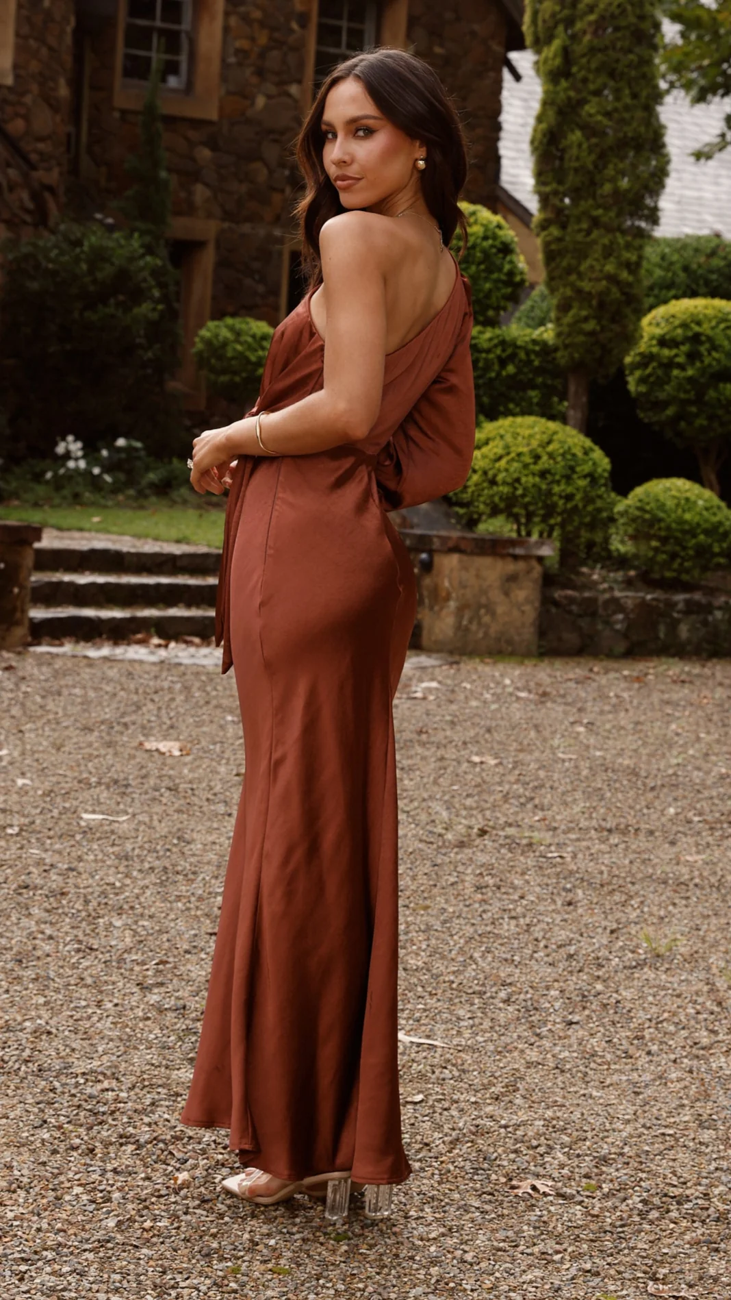 Eden One Shoulder Tie Front Maxi Dress - Rust - Image 14