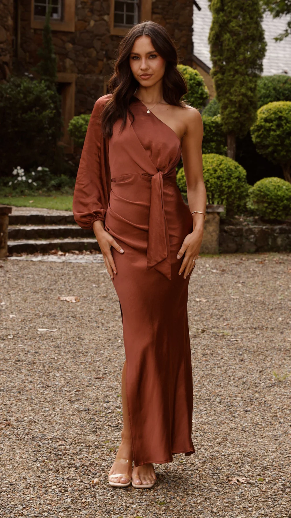Eden One Shoulder Tie Front Maxi Dress - Rust - Image 15