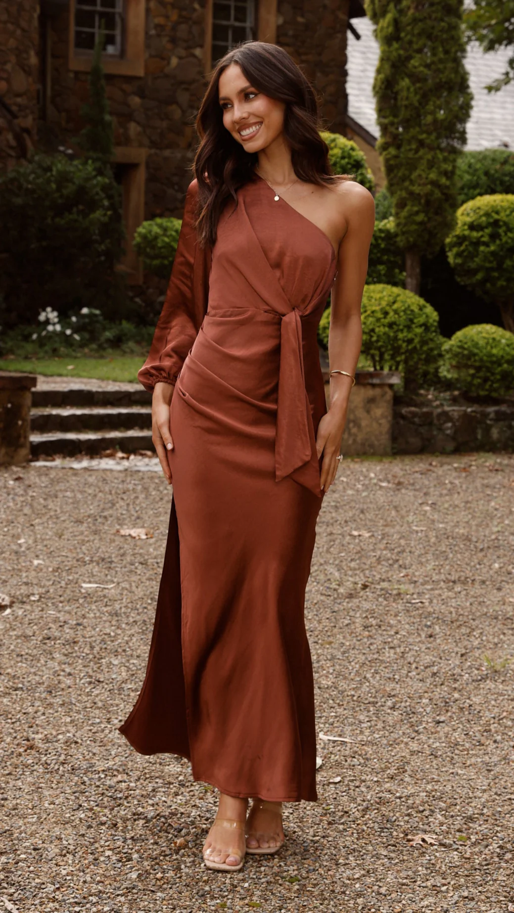 Eden One Shoulder Tie Front Maxi Dress - Rust - Image 3