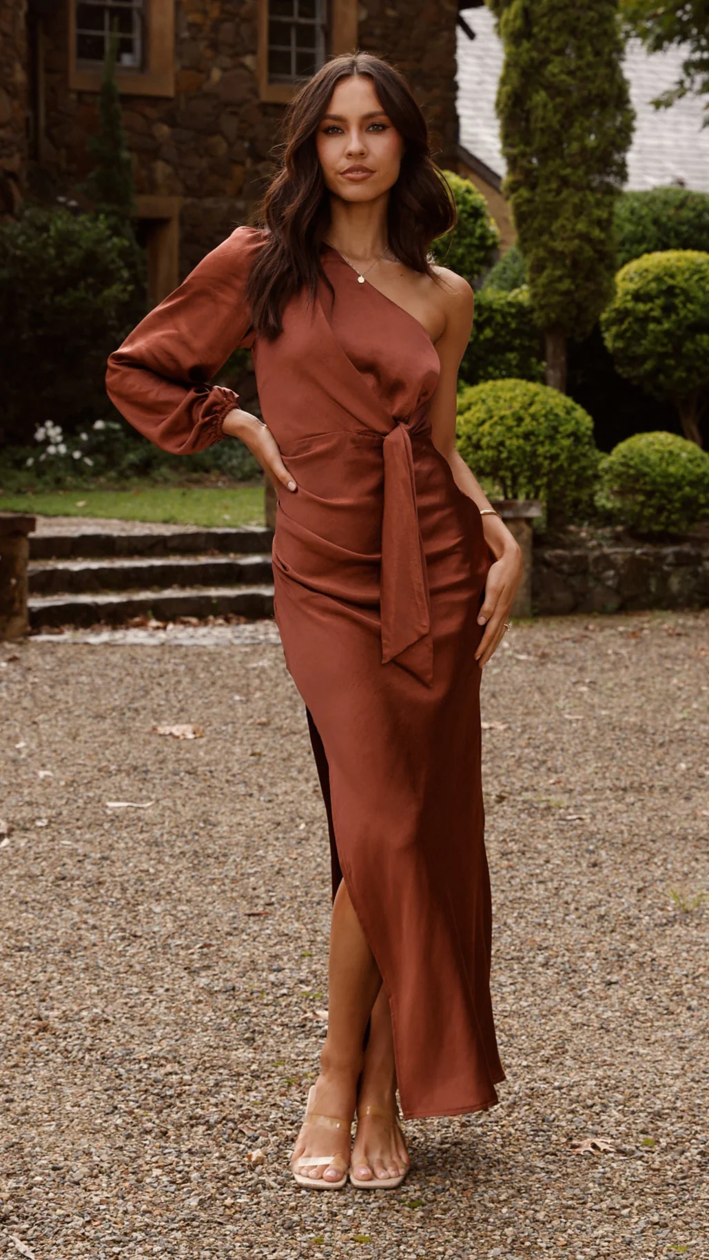 Eden One Shoulder Tie Front Maxi Dress - Rust - Image 4