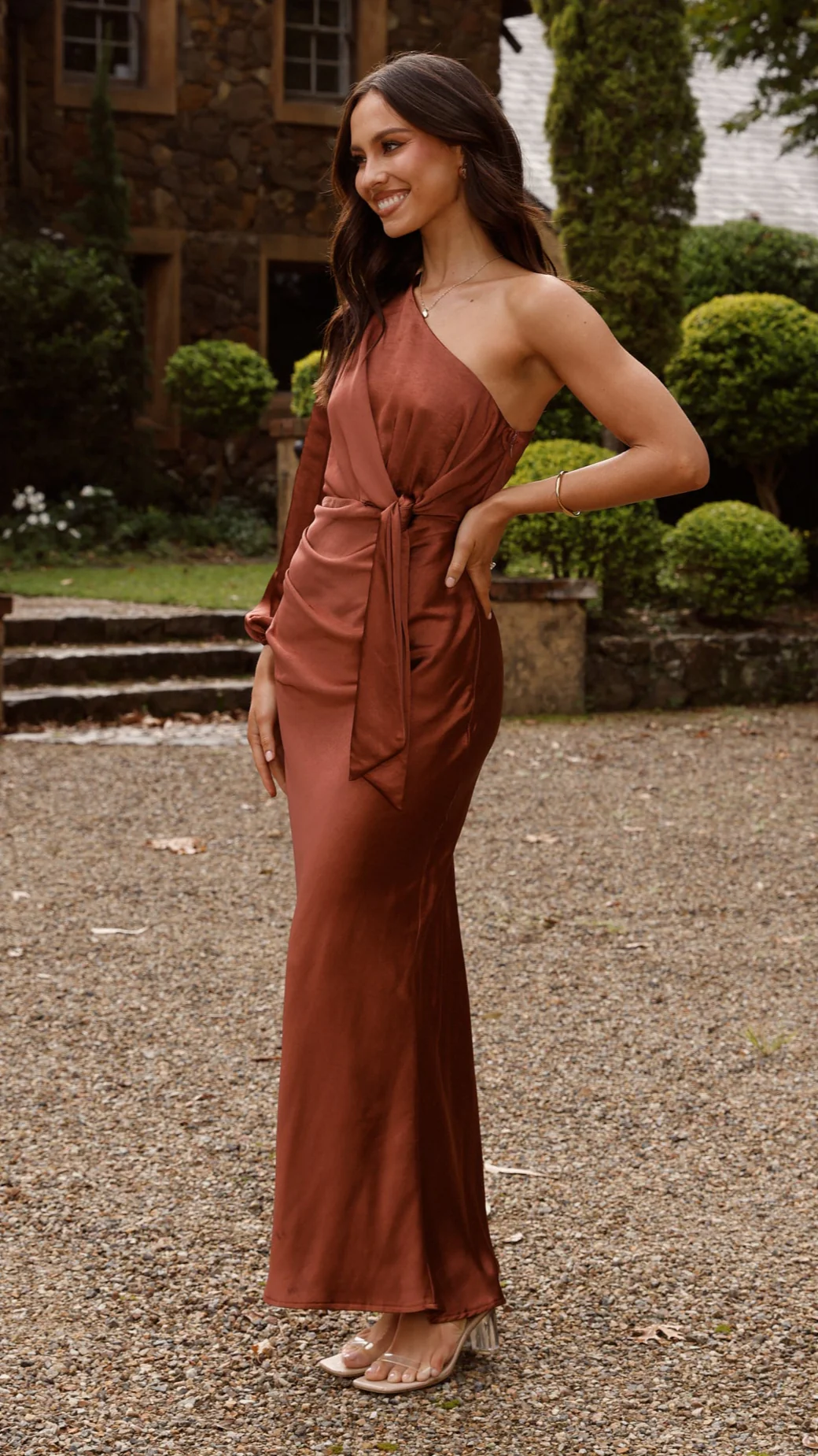Eden One Shoulder Tie Front Maxi Dress - Rust - Image 6