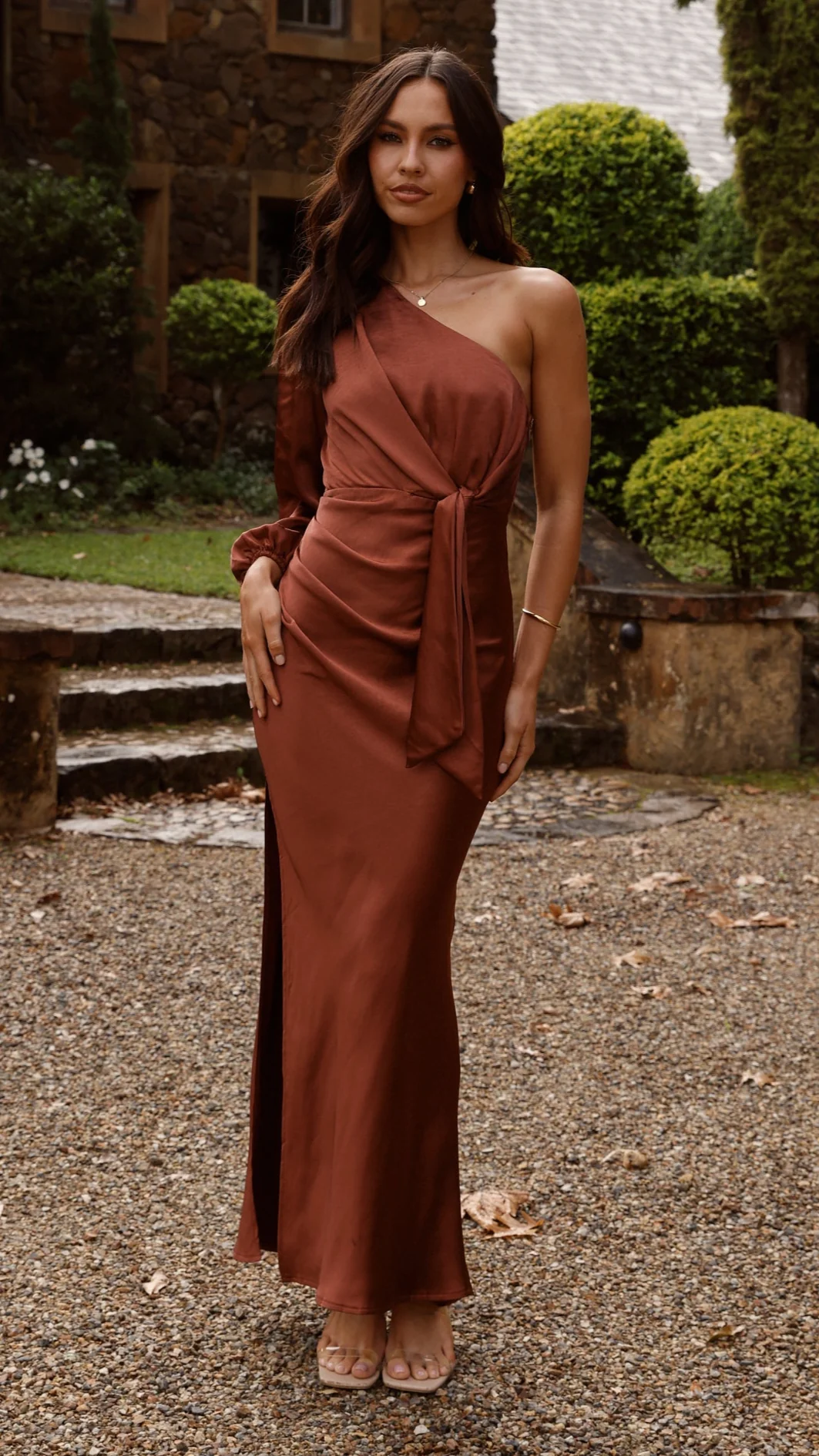 Eden One Shoulder Tie Front Maxi Dress - Rust - Image 7