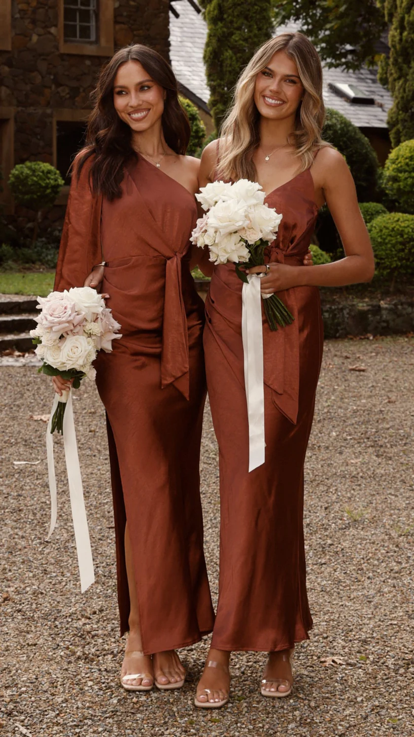 Eden One Shoulder Tie Front Maxi Dress - Rust - Image 9