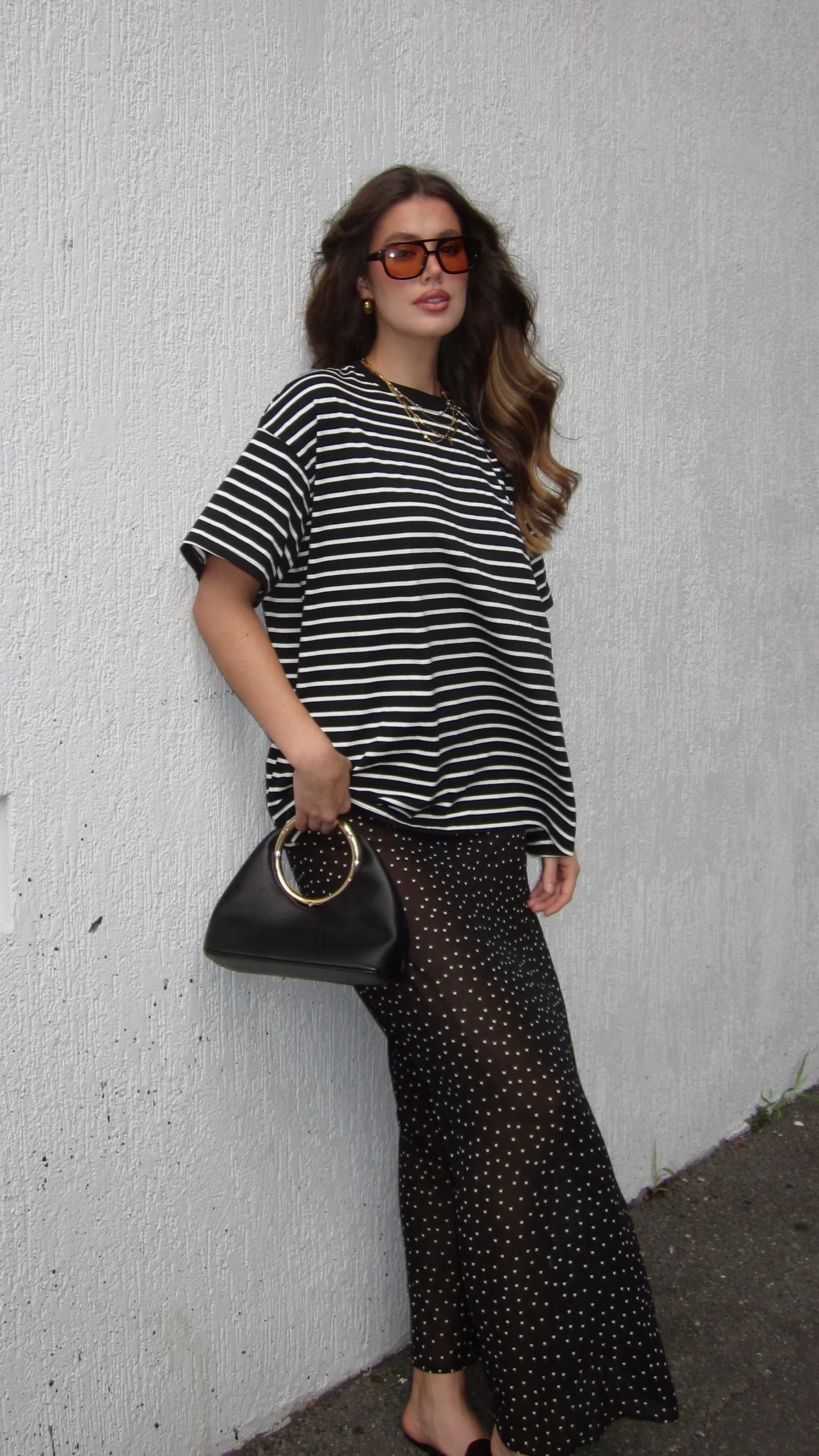 Elisha T-Shirt and Sheer Maxi Skirt Set - White/Black Stripe and Polka Dot - Image 10