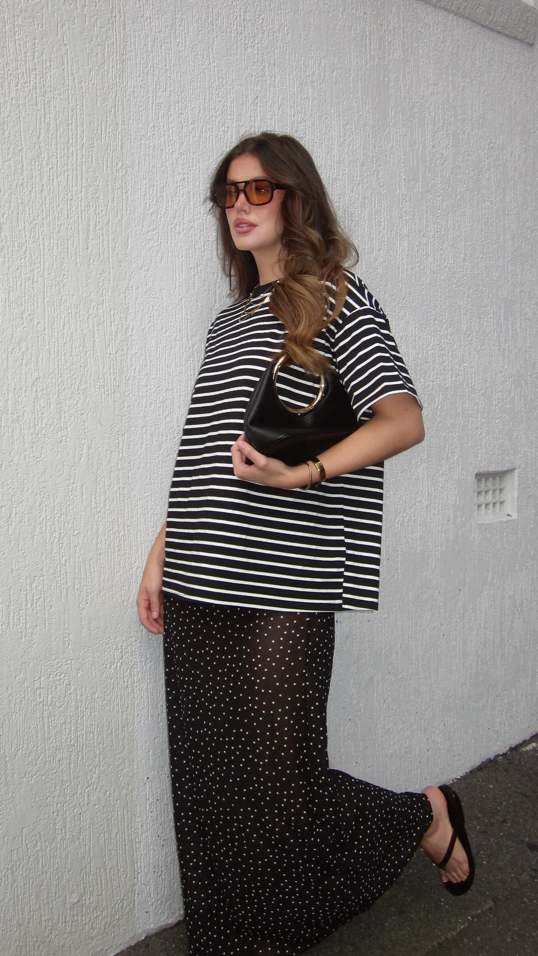 Elisha T-Shirt and Sheer Maxi Skirt Set - White/Black Stripe and Polka Dot - Image 11