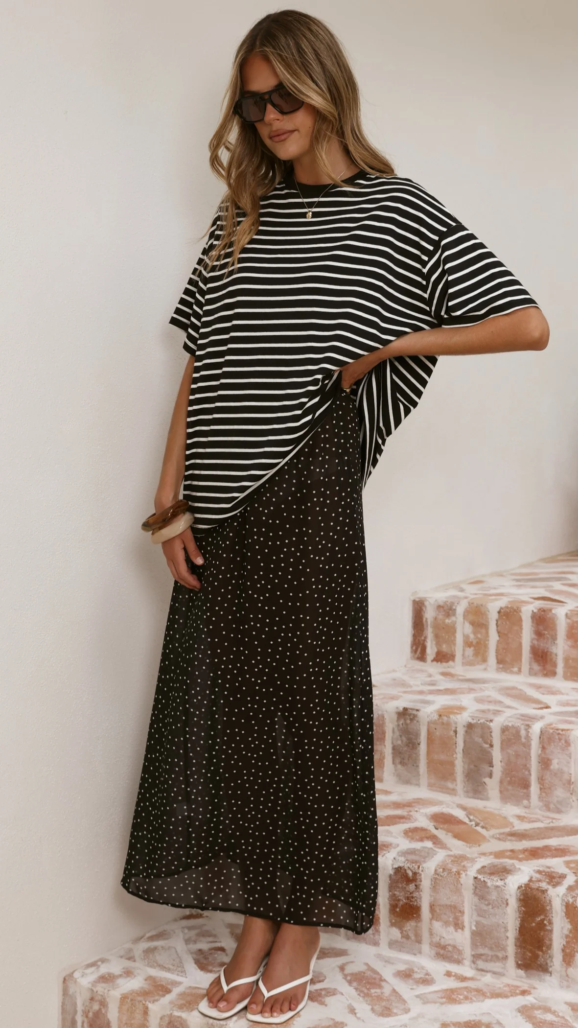Elisha T-Shirt and Sheer Maxi Skirt Set - White/Black Stripe and Polka Dot - Image 4