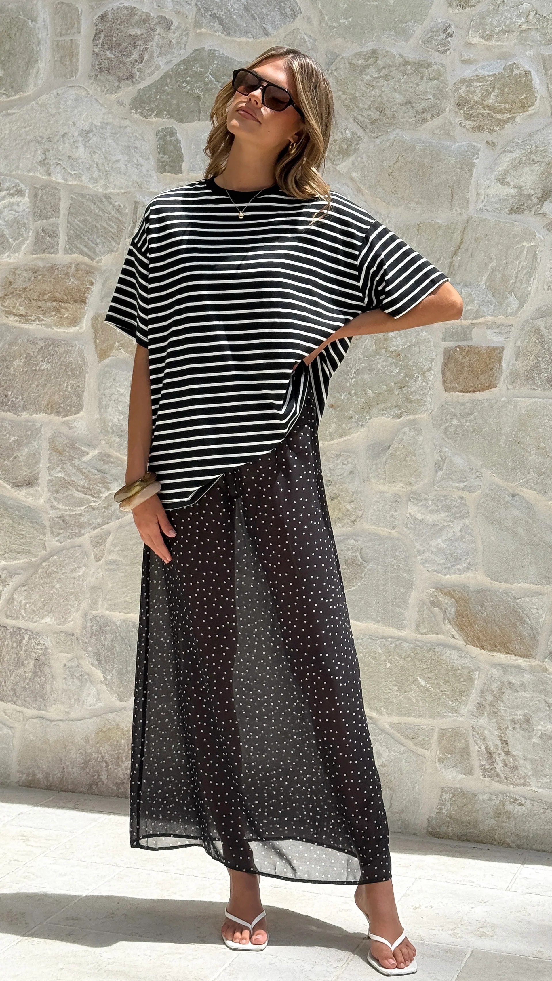 Elisha T-Shirt and Sheer Maxi Skirt Set - White/Black Stripe and Polka Dot - Image 5