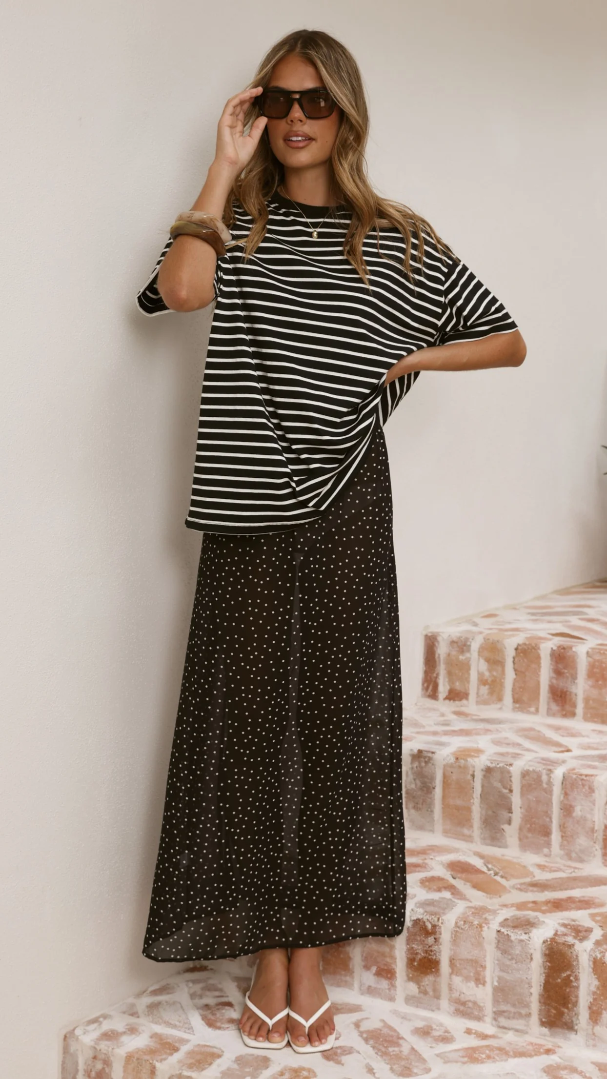 Elisha T-Shirt and Sheer Maxi Skirt Set - White/Black Stripe and Polka Dot - Image 9