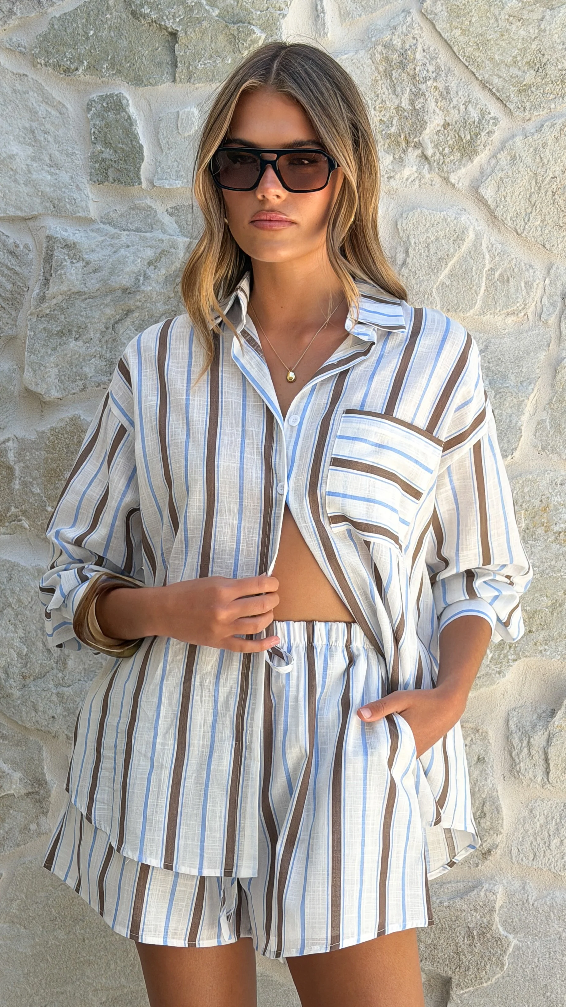 Elita Long Sleeve Button Up Shirt and Shorts Set - Choc/Blue Stripe - Image 3