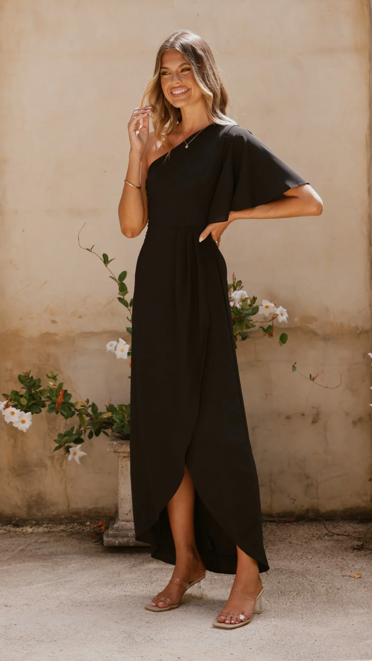 Emma One Sleeve Maxi Dress - Black - Image 10
