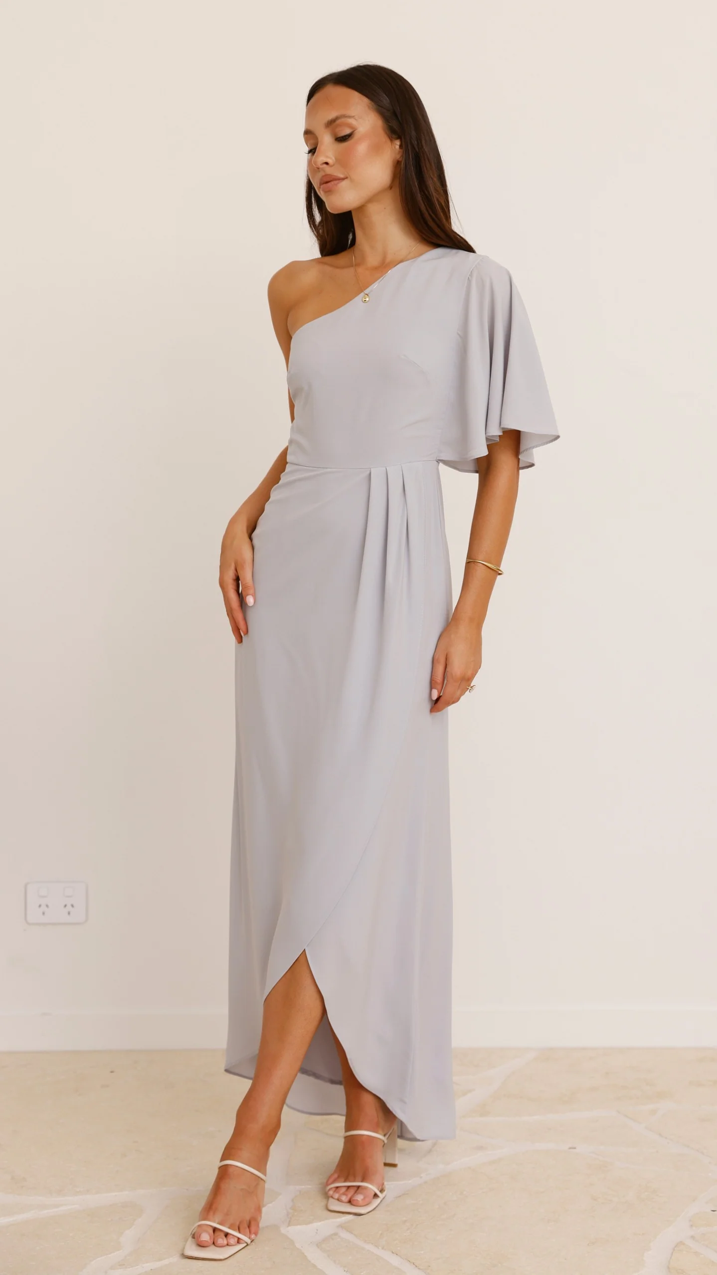 Emma One Sleeve Maxi Dress - Silver - Image 6