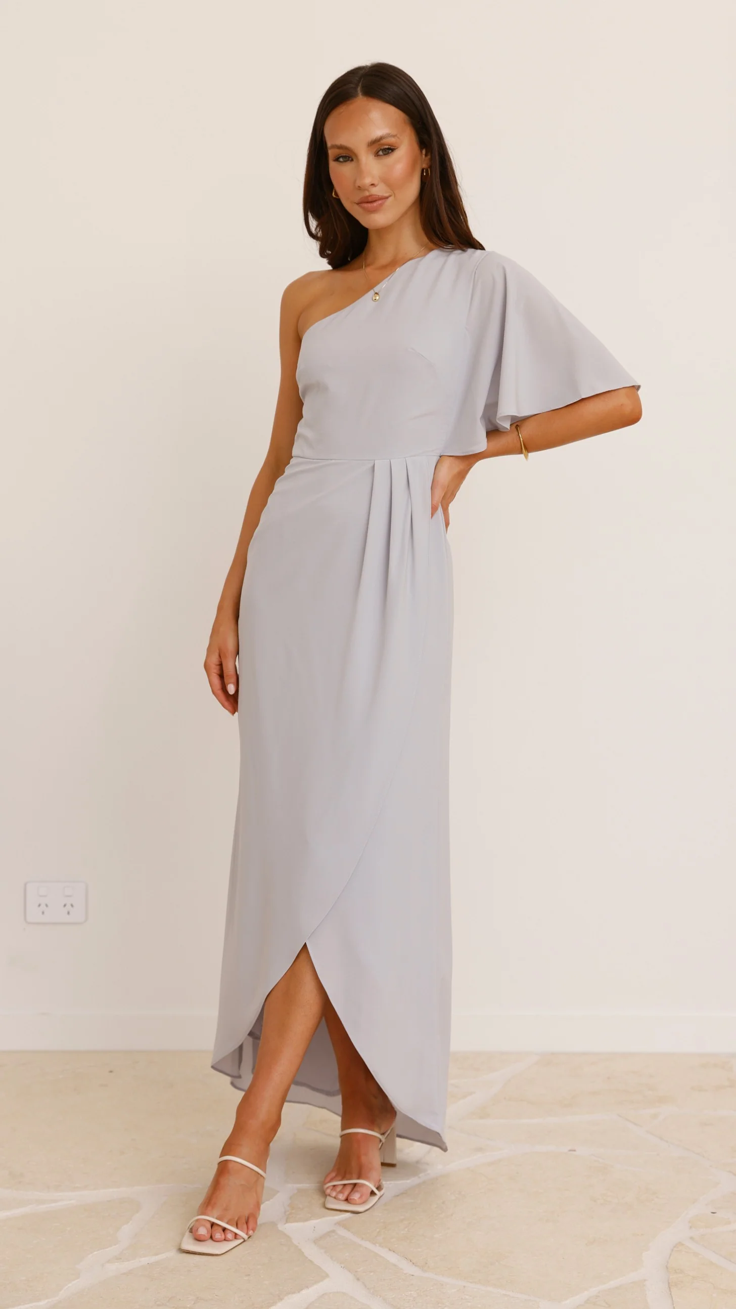 Emma One Sleeve Maxi Dress - Silver - Image 7