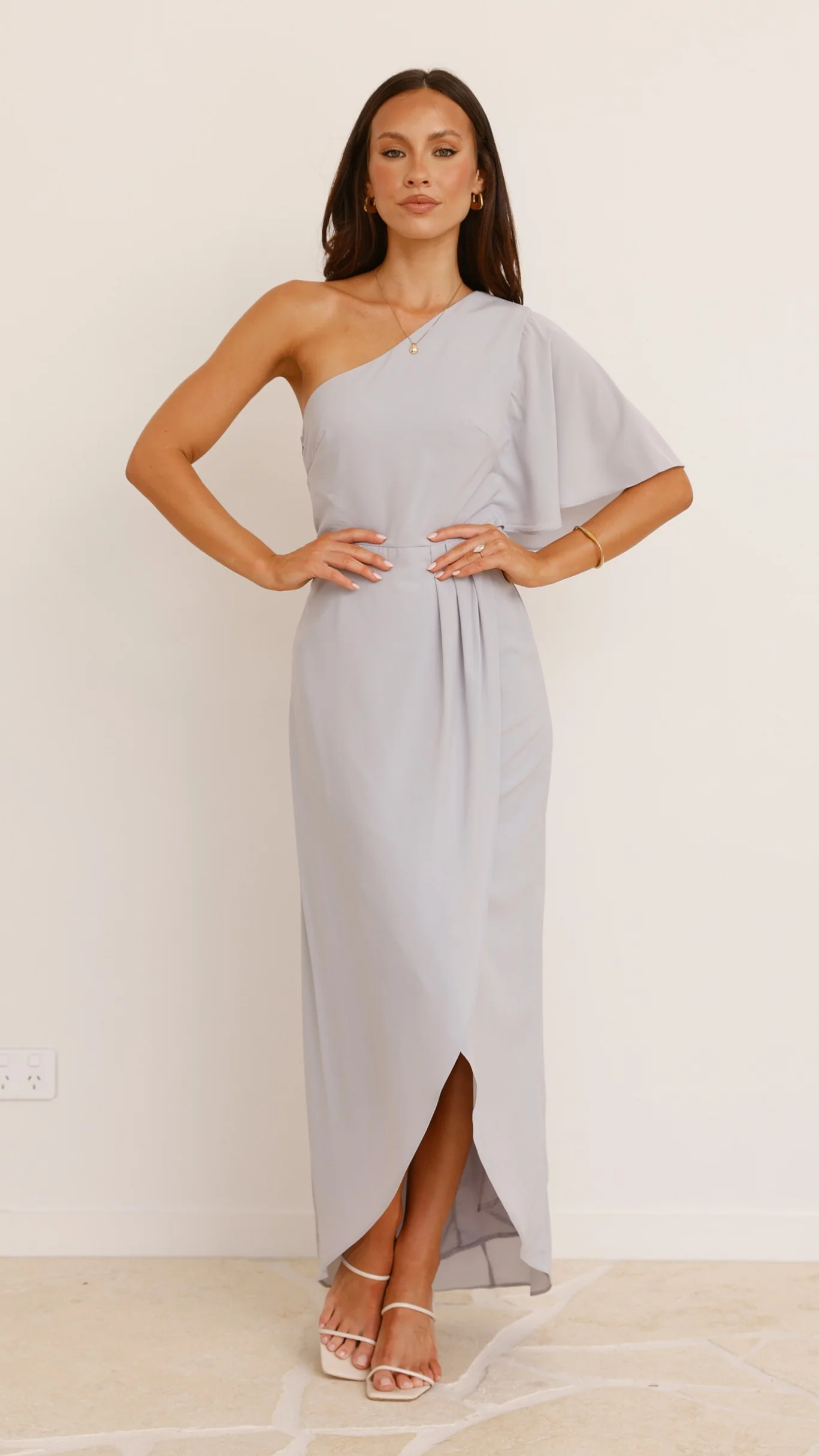 Emma One Sleeve Maxi Dress - Silver - Image 8