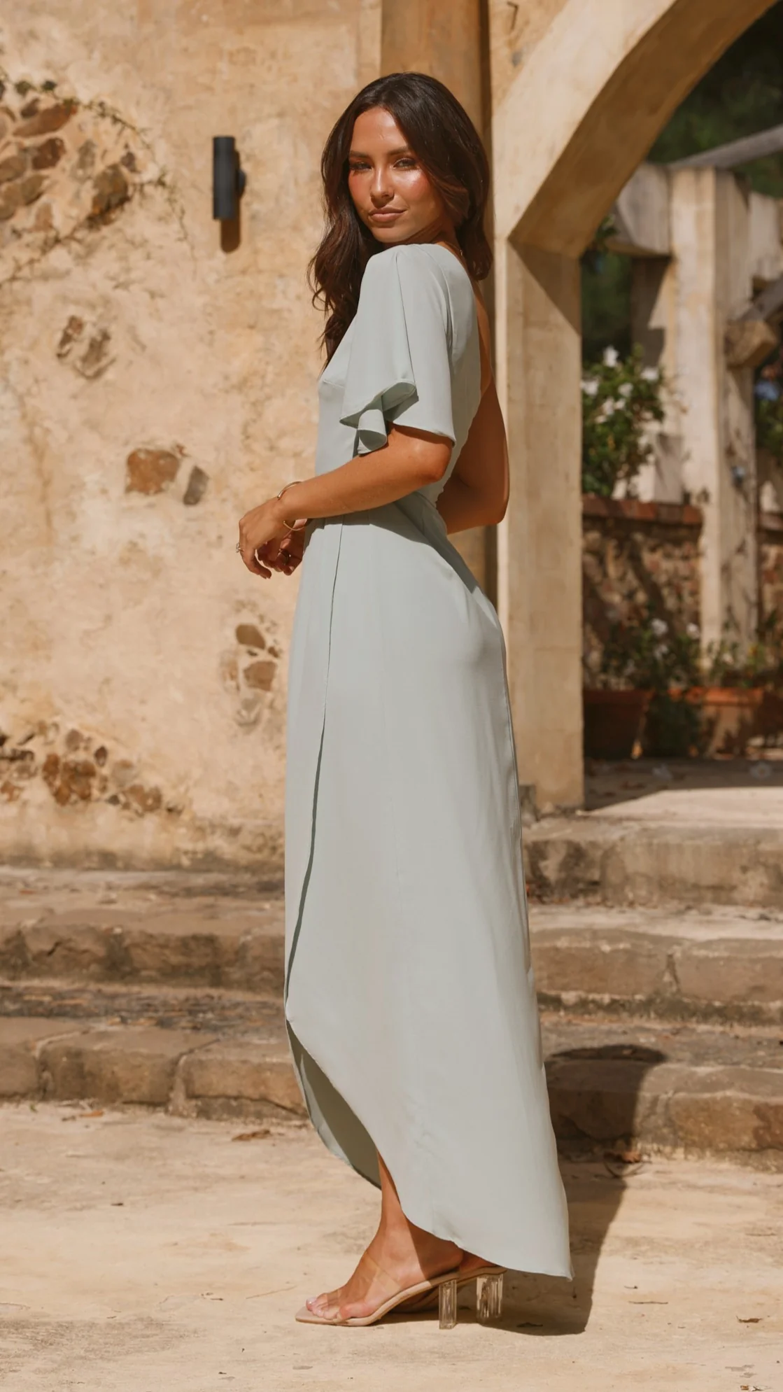 Emma One Sleeve Maxi Dress - Sage - Image 11