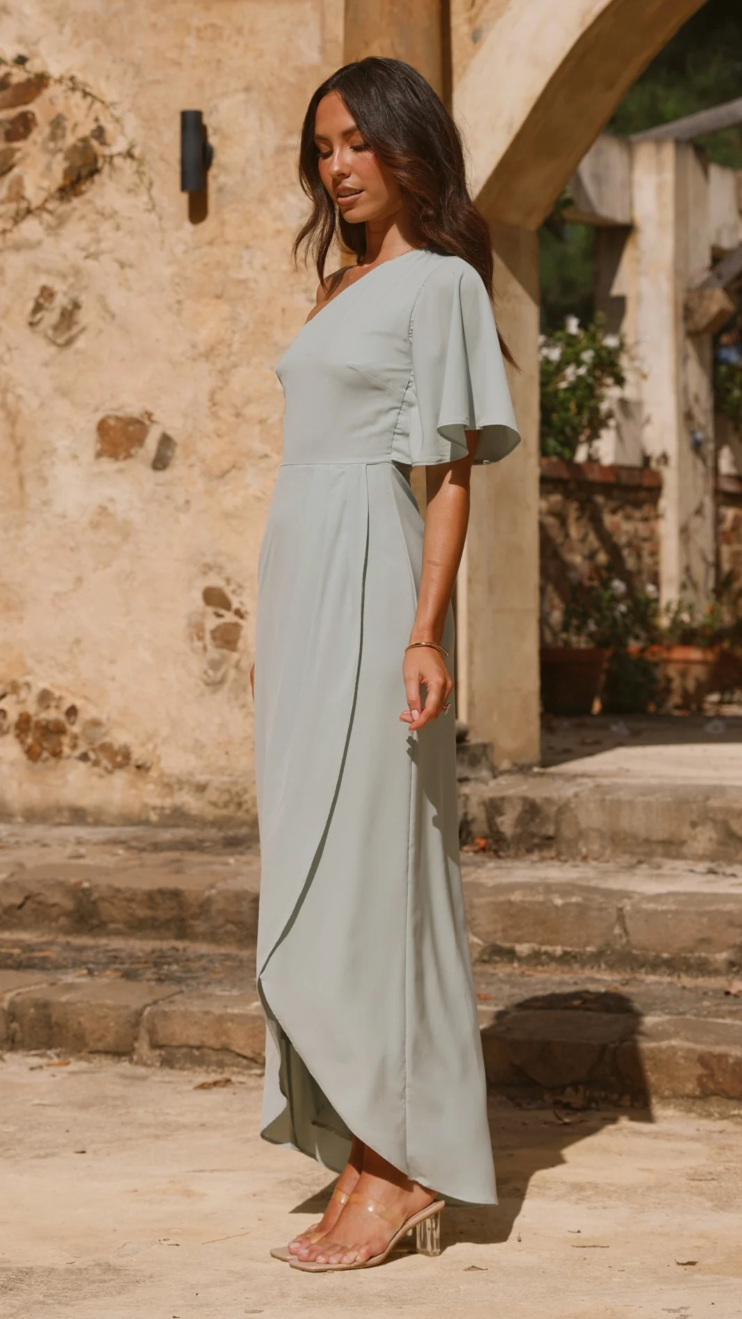 Emma One Sleeve Maxi Dress - Sage - Image 9