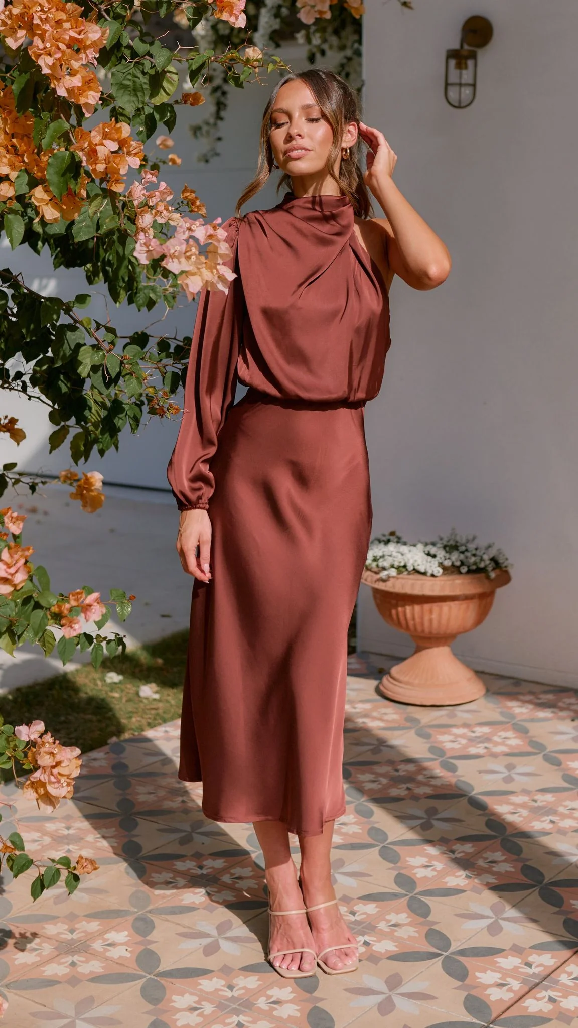 Esther One Shoulder Long Sleeve Dress - Brown - Image 10