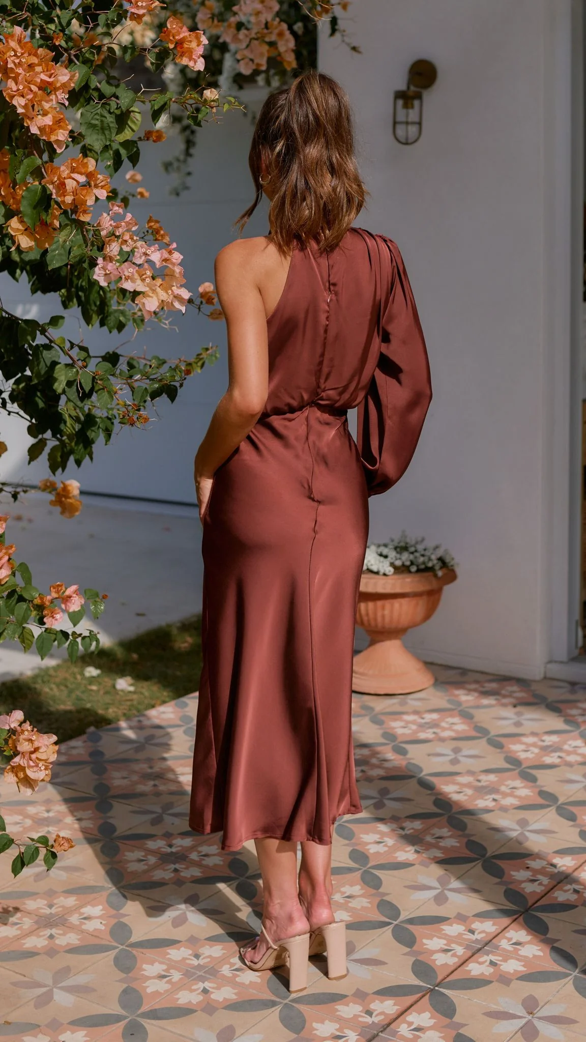 Esther One Shoulder Long Sleeve Dress - Brown - Image 11