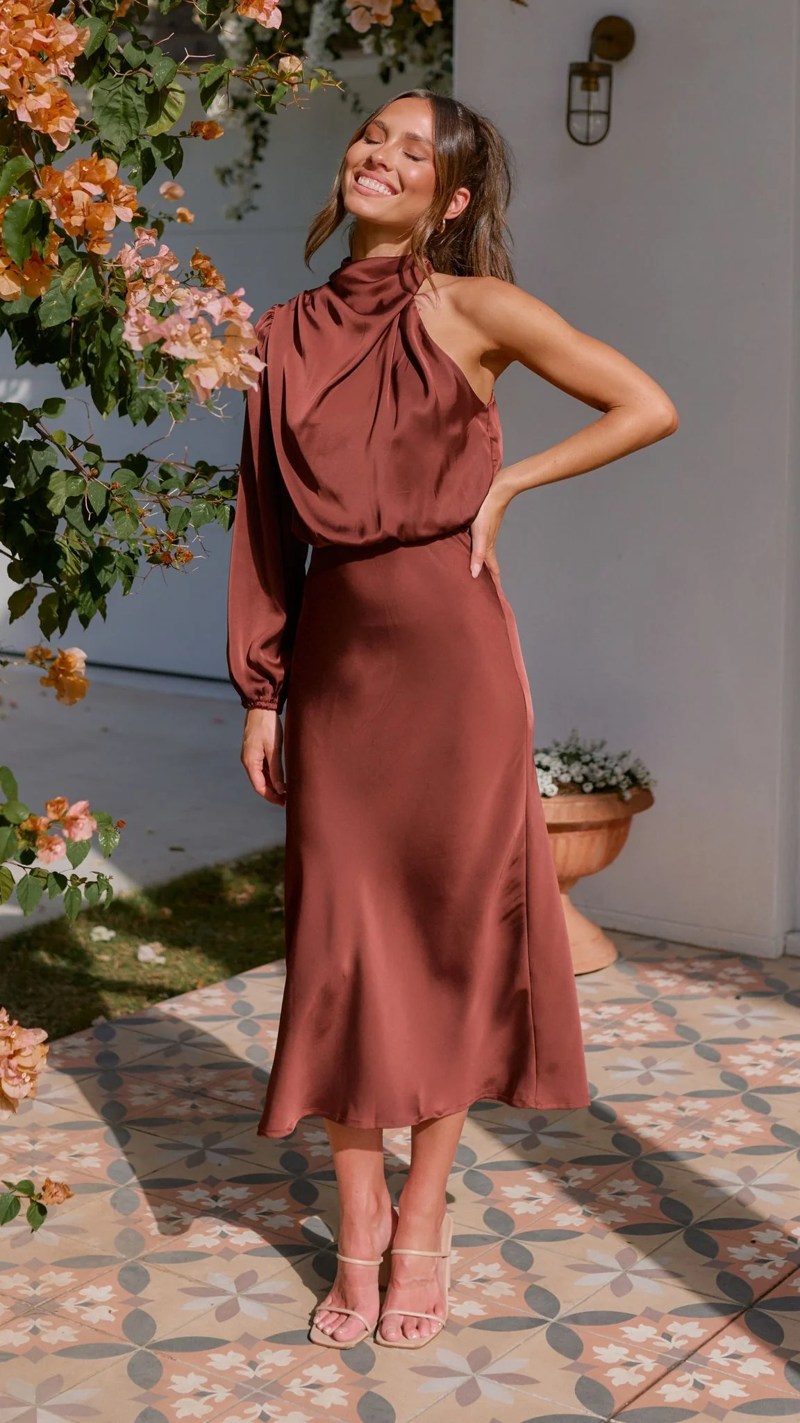 Esther One Shoulder Long Sleeve Dress - Brown - Image 12