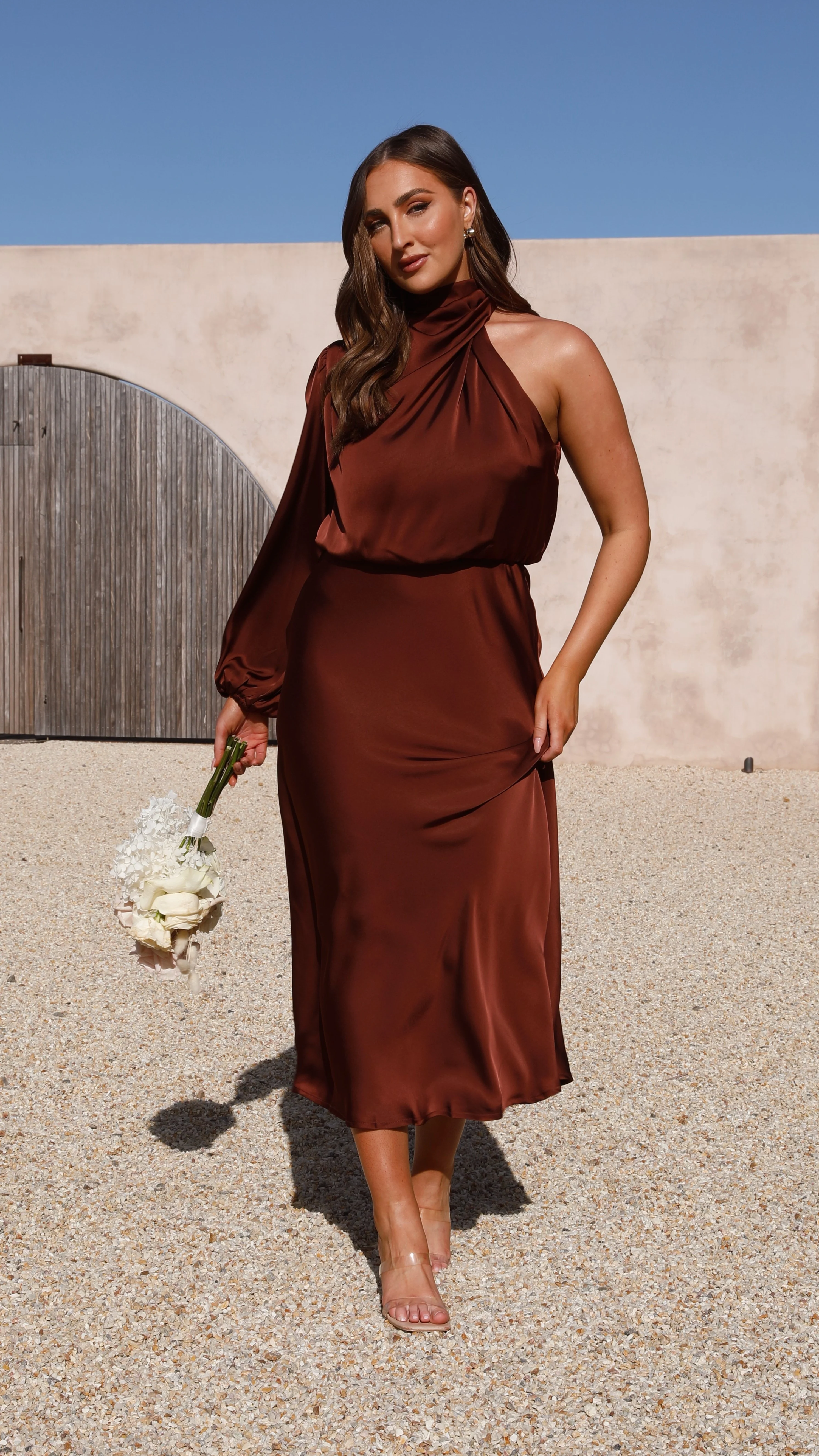 Esther One Shoulder Long Sleeve Dress - Brown - Image 13
