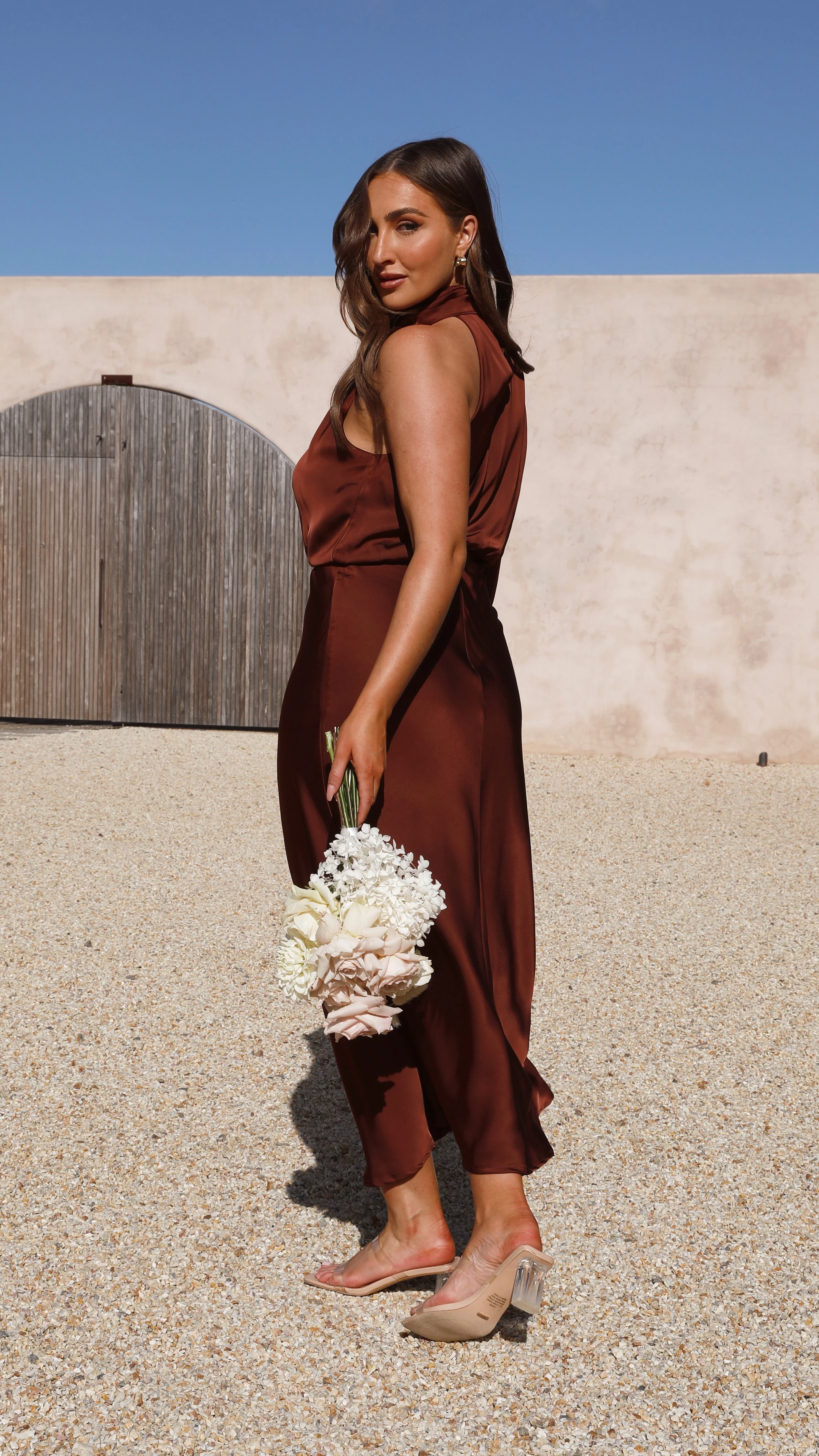 Esther One Shoulder Long Sleeve Dress - Brown - Image 16