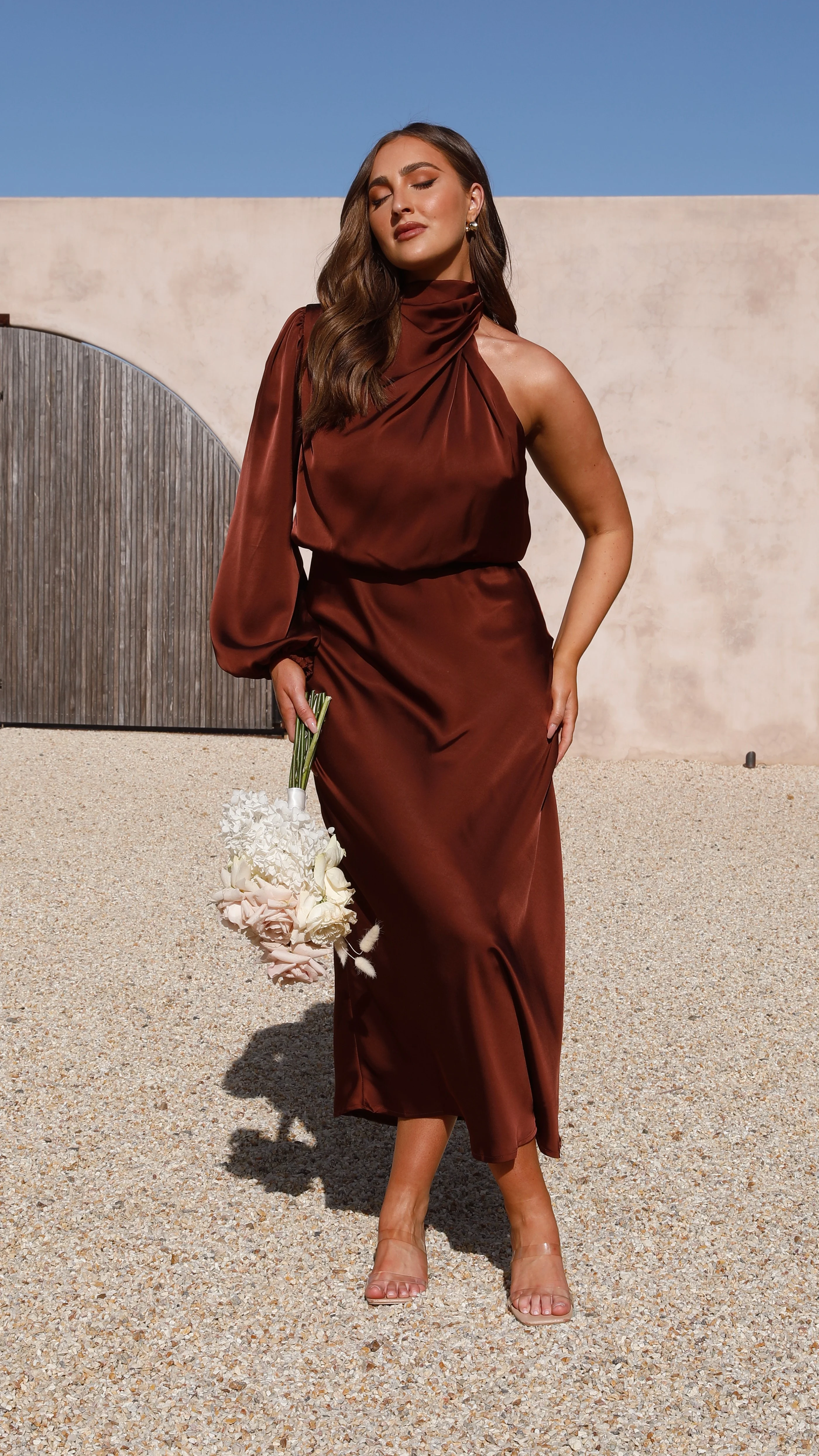 Esther One Shoulder Long Sleeve Dress - Brown - Image 18