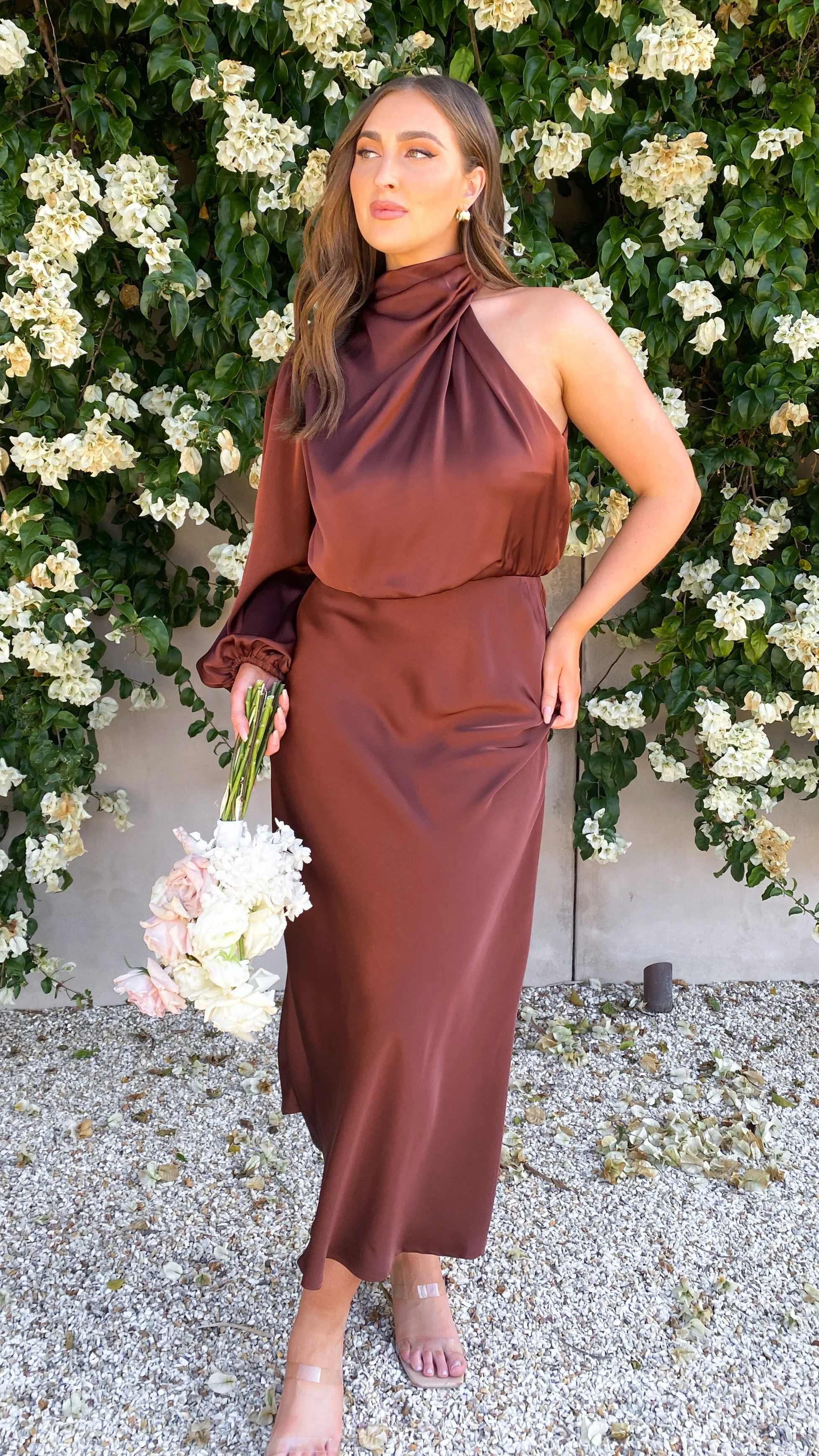 Esther One Shoulder Long Sleeve Dress - Brown - Image 4