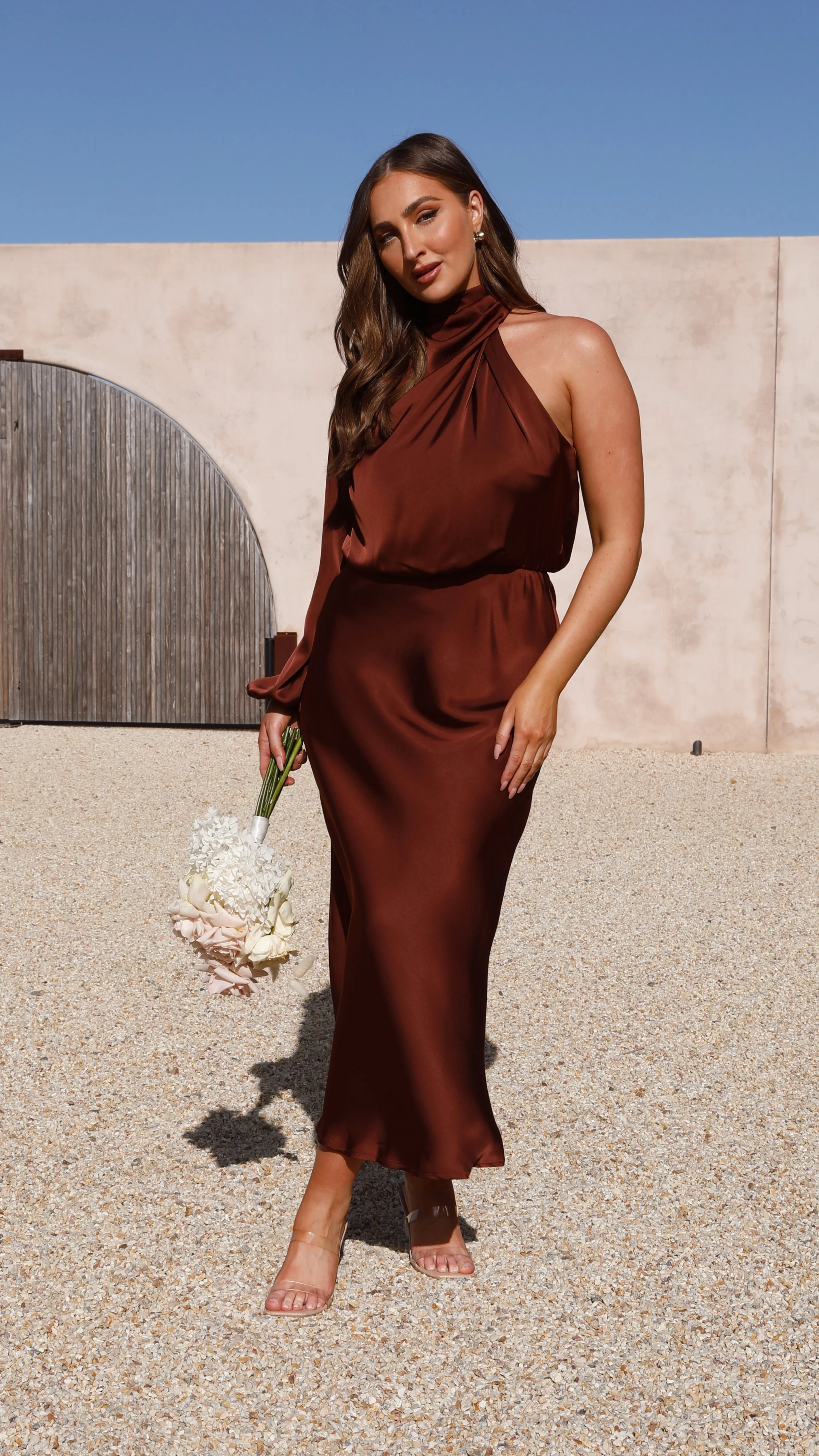 Esther One Shoulder Long Sleeve Dress - Brown - Image 6