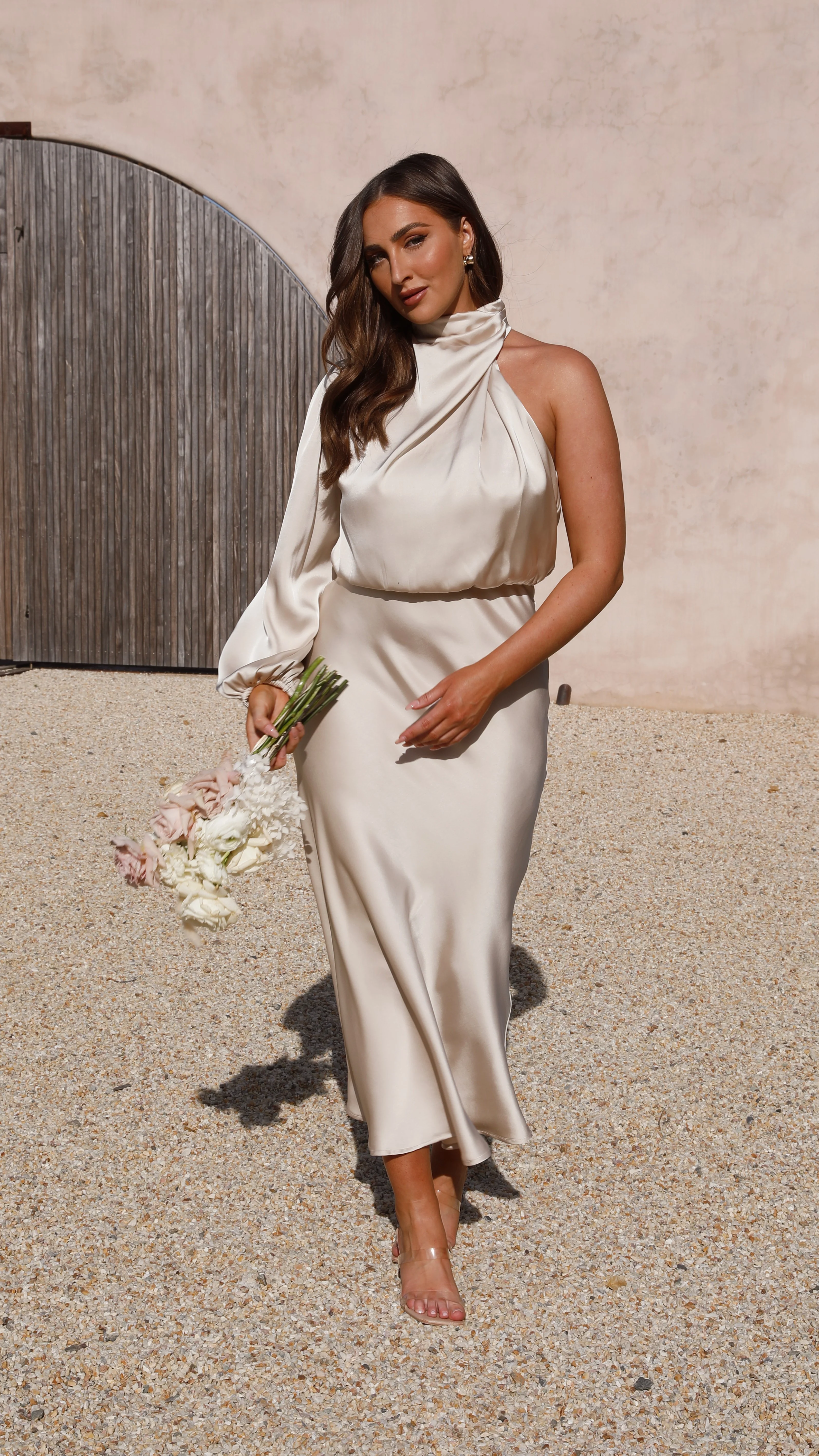 Esther One Shoulder Long Sleeve Dress - Champagne - Image 10