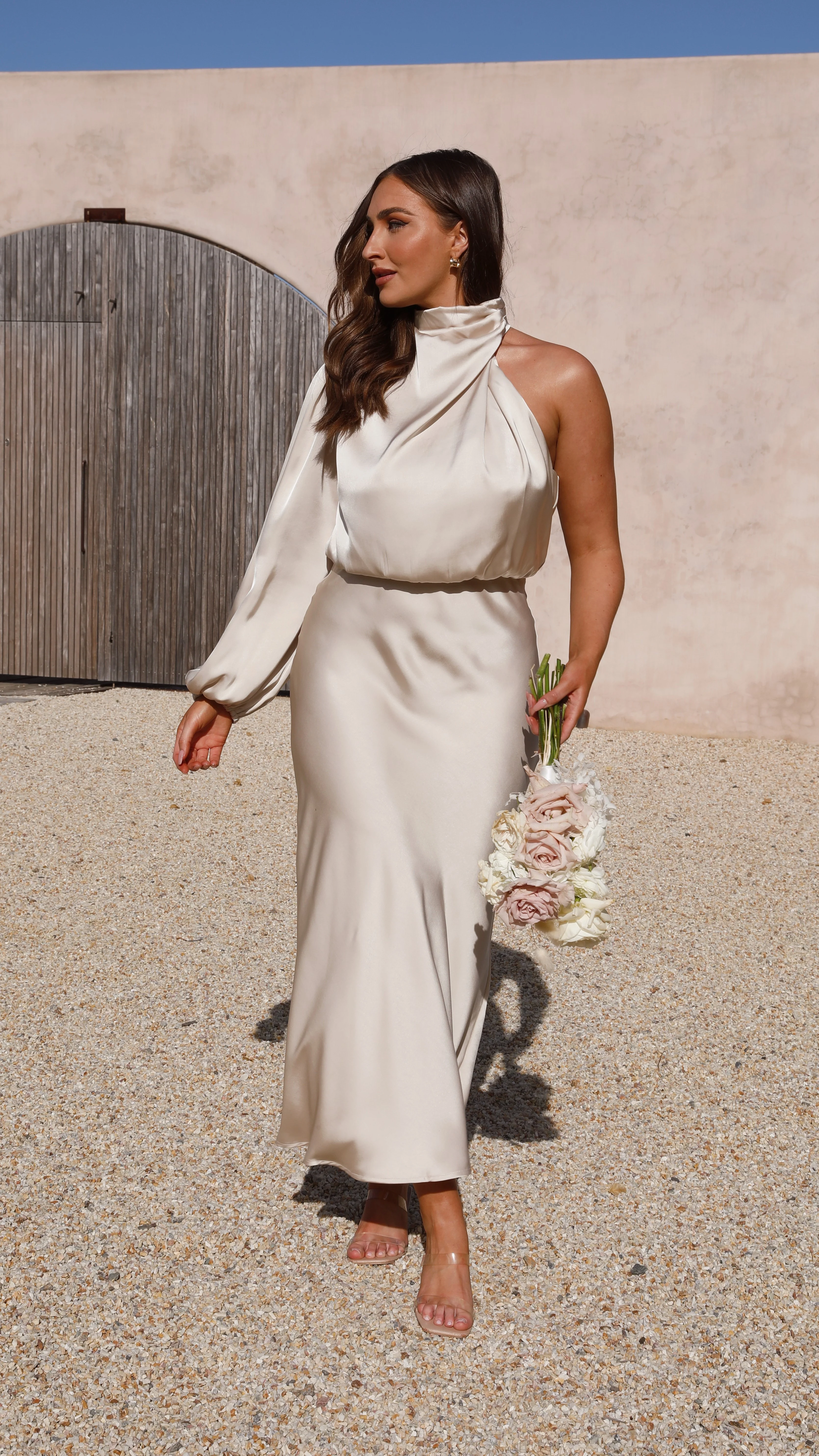 Esther One Shoulder Long Sleeve Dress - Champagne - Image 13