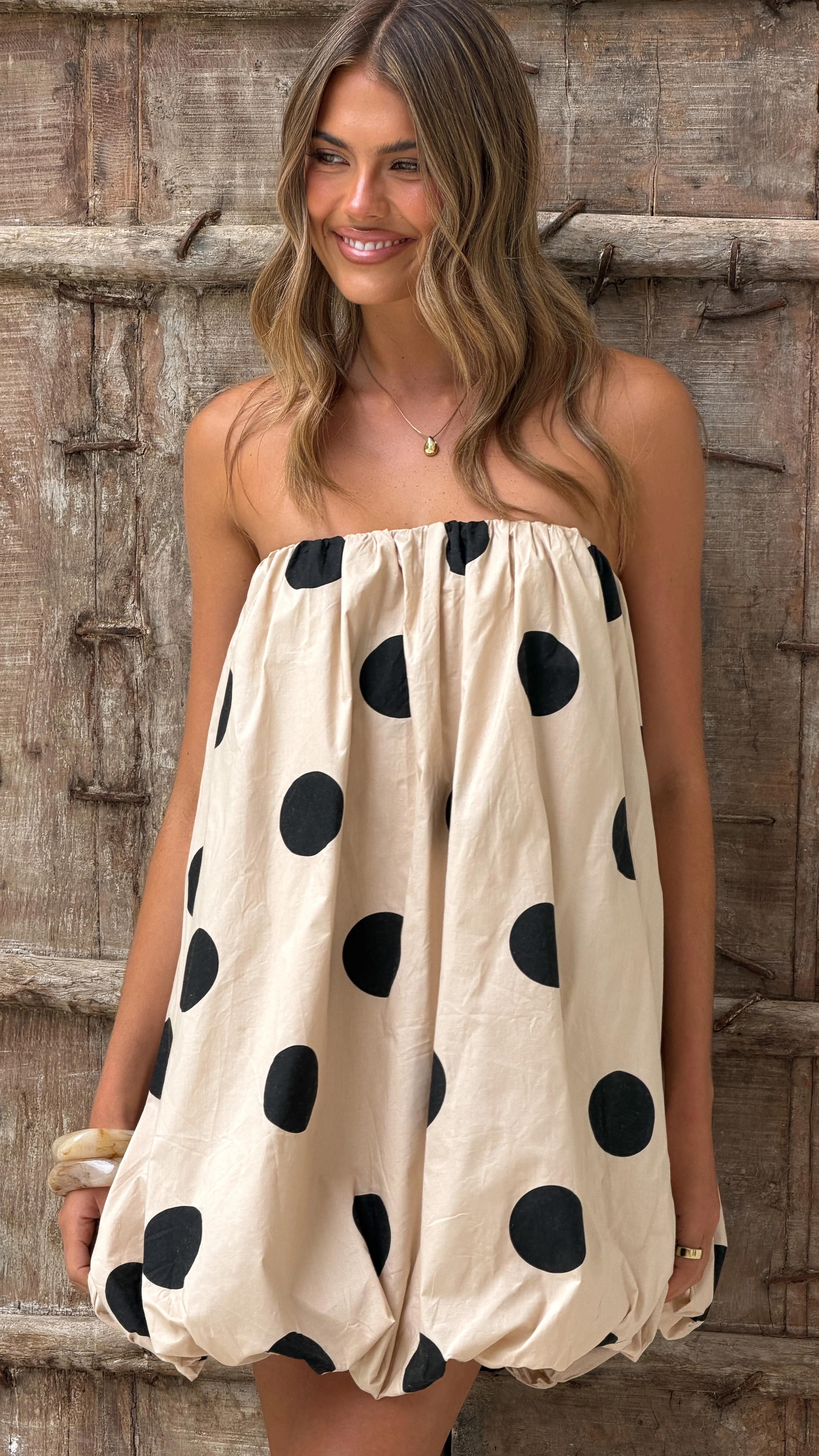 Everly Strapless Mini Dress - Oat/Black Polka - Image 3