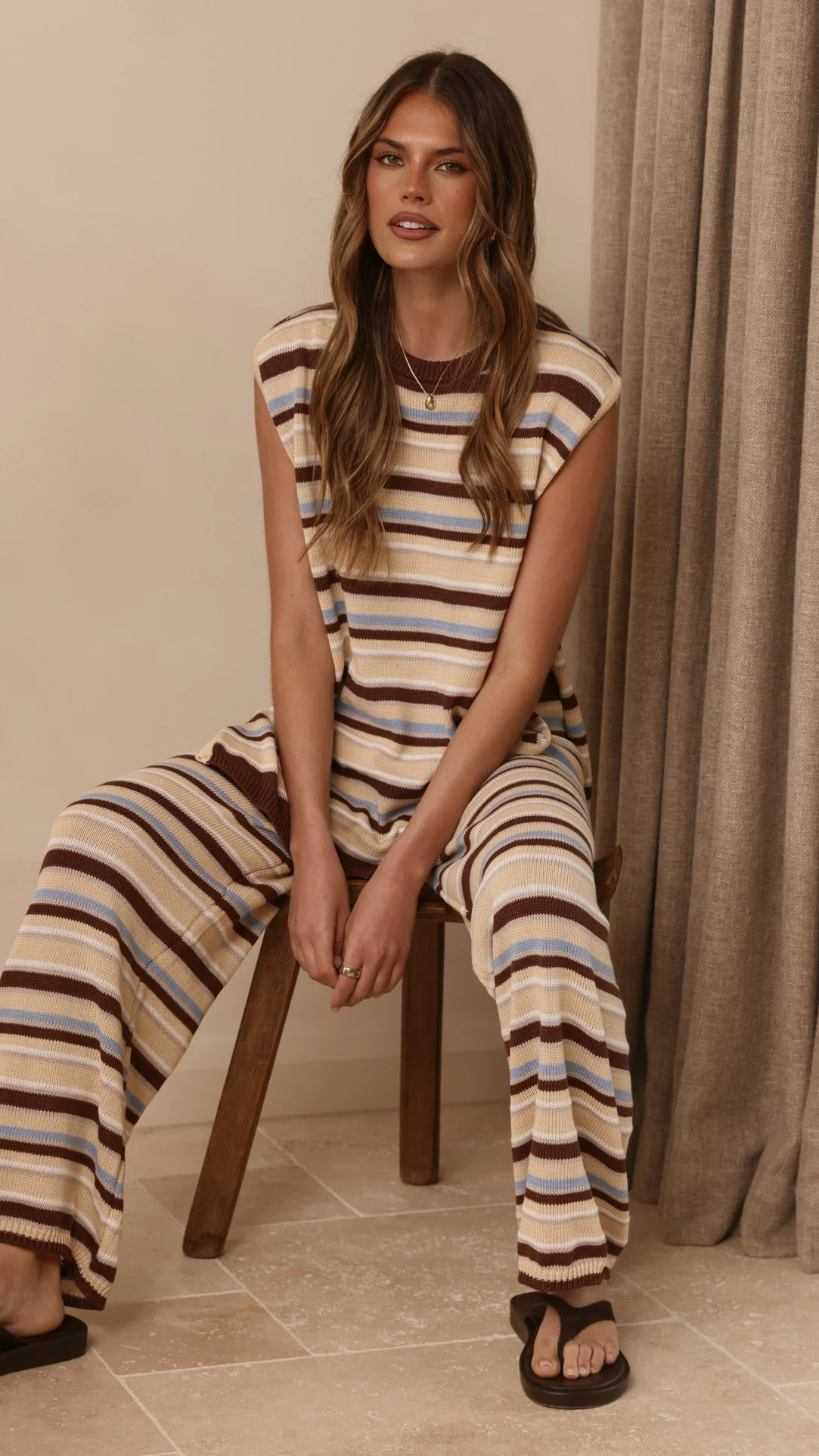 Florentine Knit Vest and Pants Set - Beige/Choc/Blue Stripe - Image 3