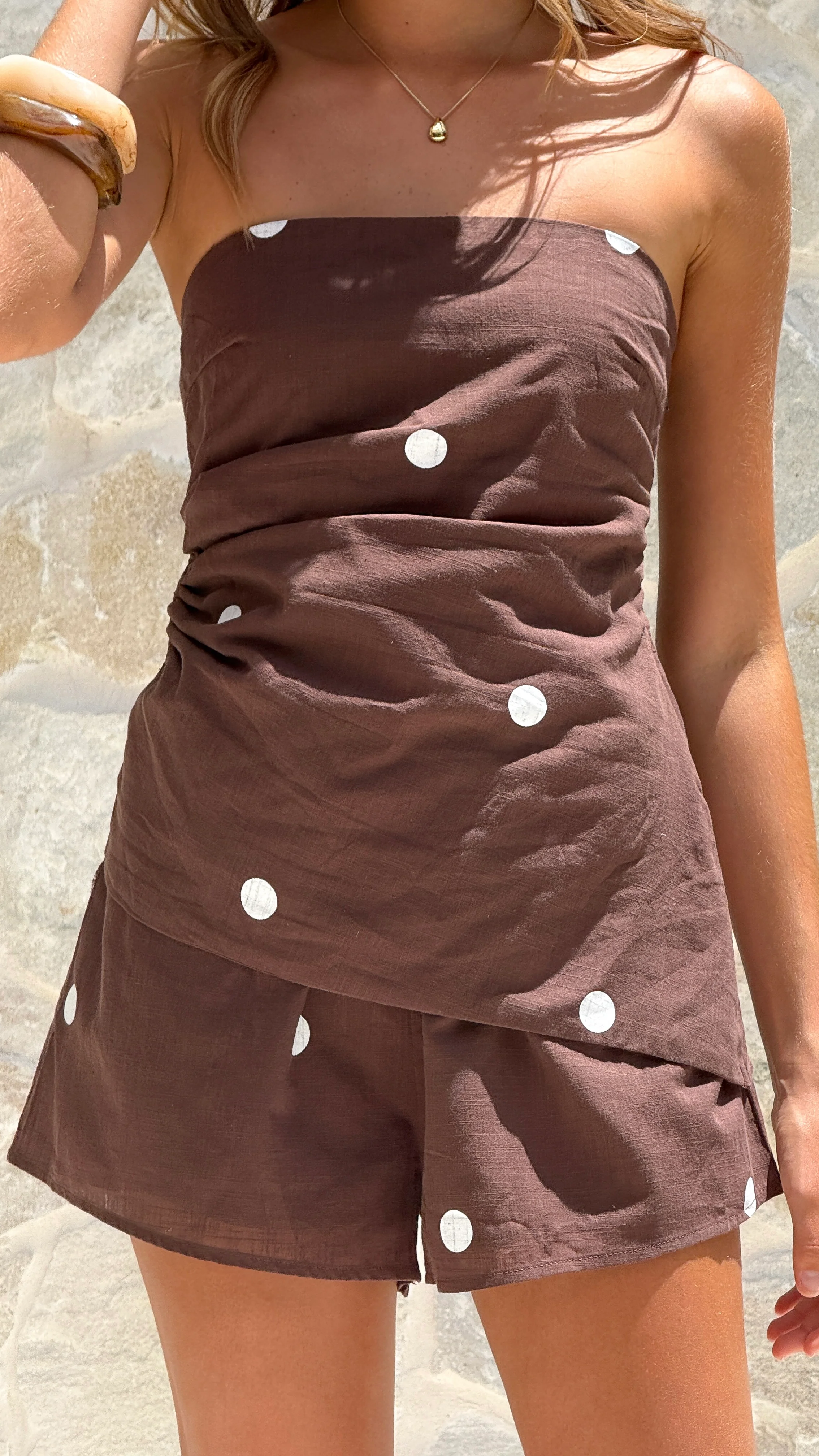 Gia Strapless Top and Shorts Set - Choc/White Polka Dot - Image 5