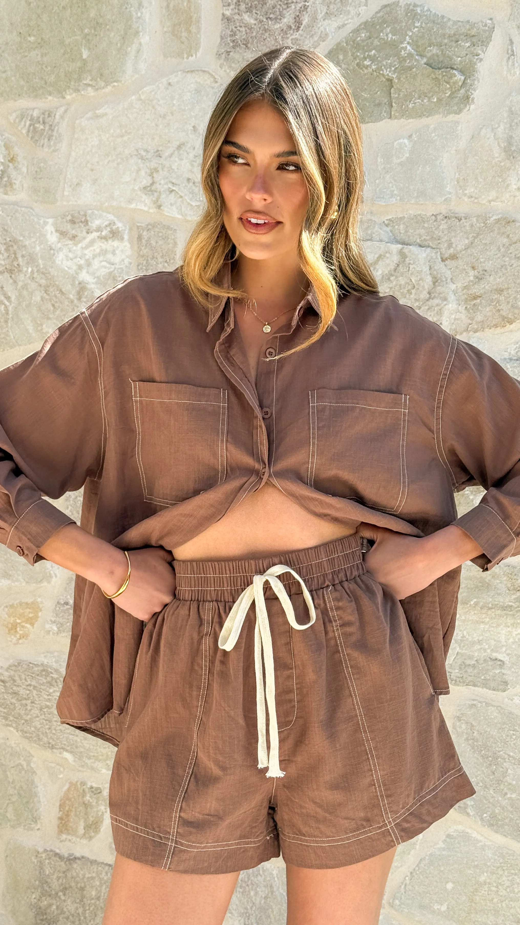 Greer Long Sleeve Top and Shorts Set - Brown - Image 6