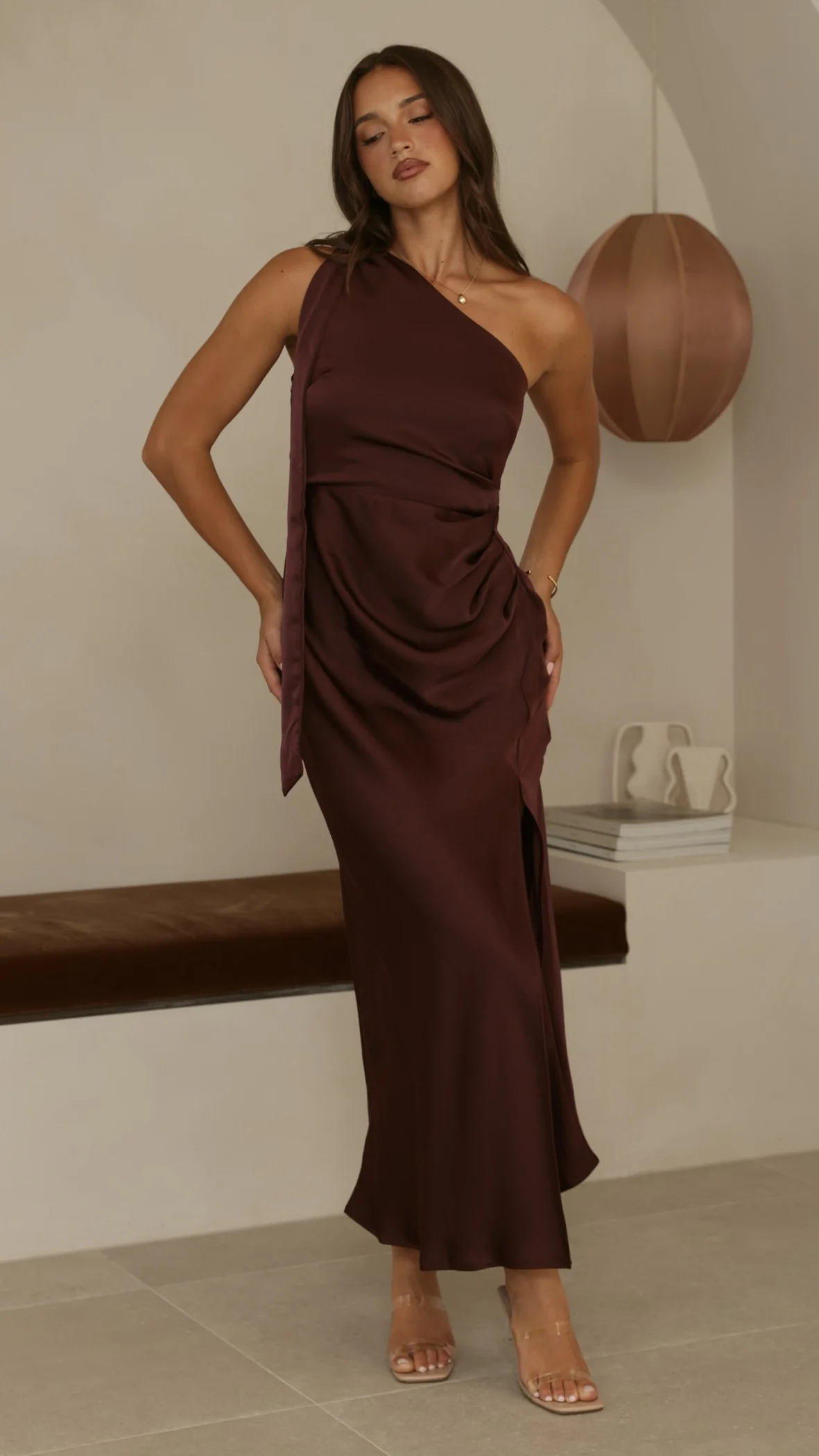 Halle One Shoulder Maxi Dress - Chocolate - Image 19
