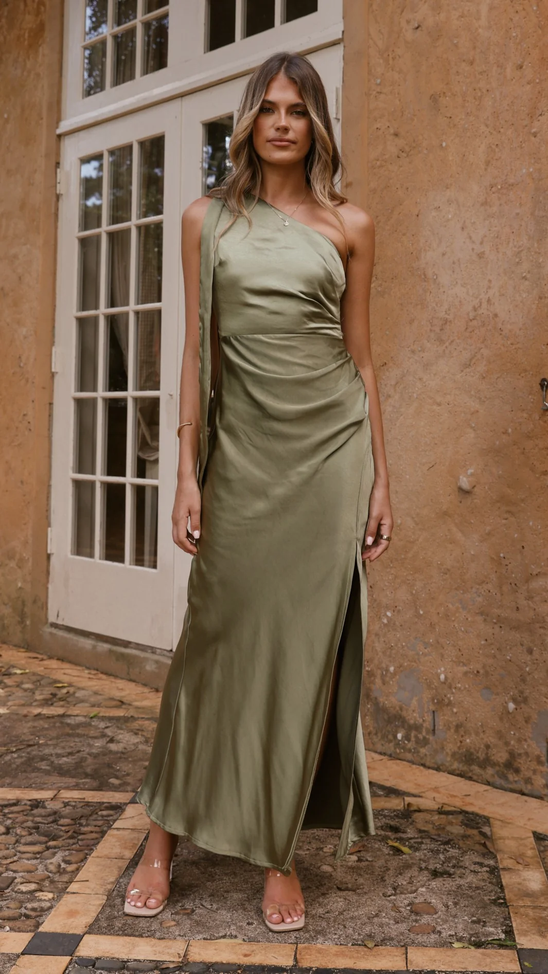 Halle One Shoulder Maxi Dress - Olive - Image 14