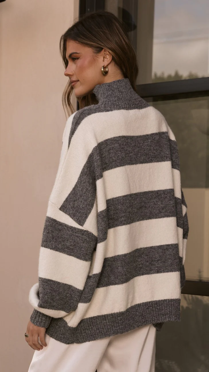Harita Knitted Sweater - Grey/Cream Stripe - Image 3