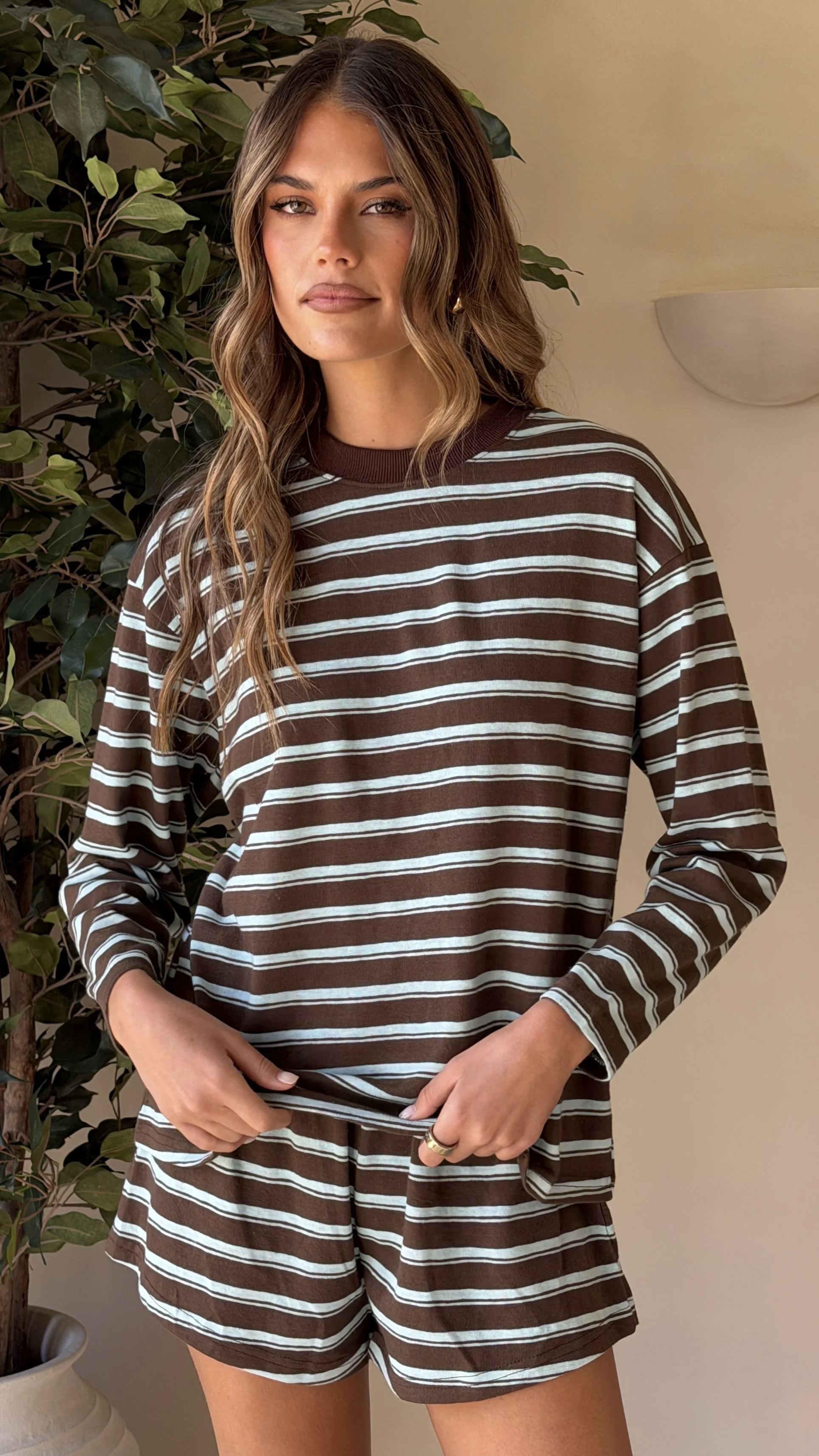 Harla Long Sleeve Top & Shorts Set - Brown/Blue Stripe - Image 4