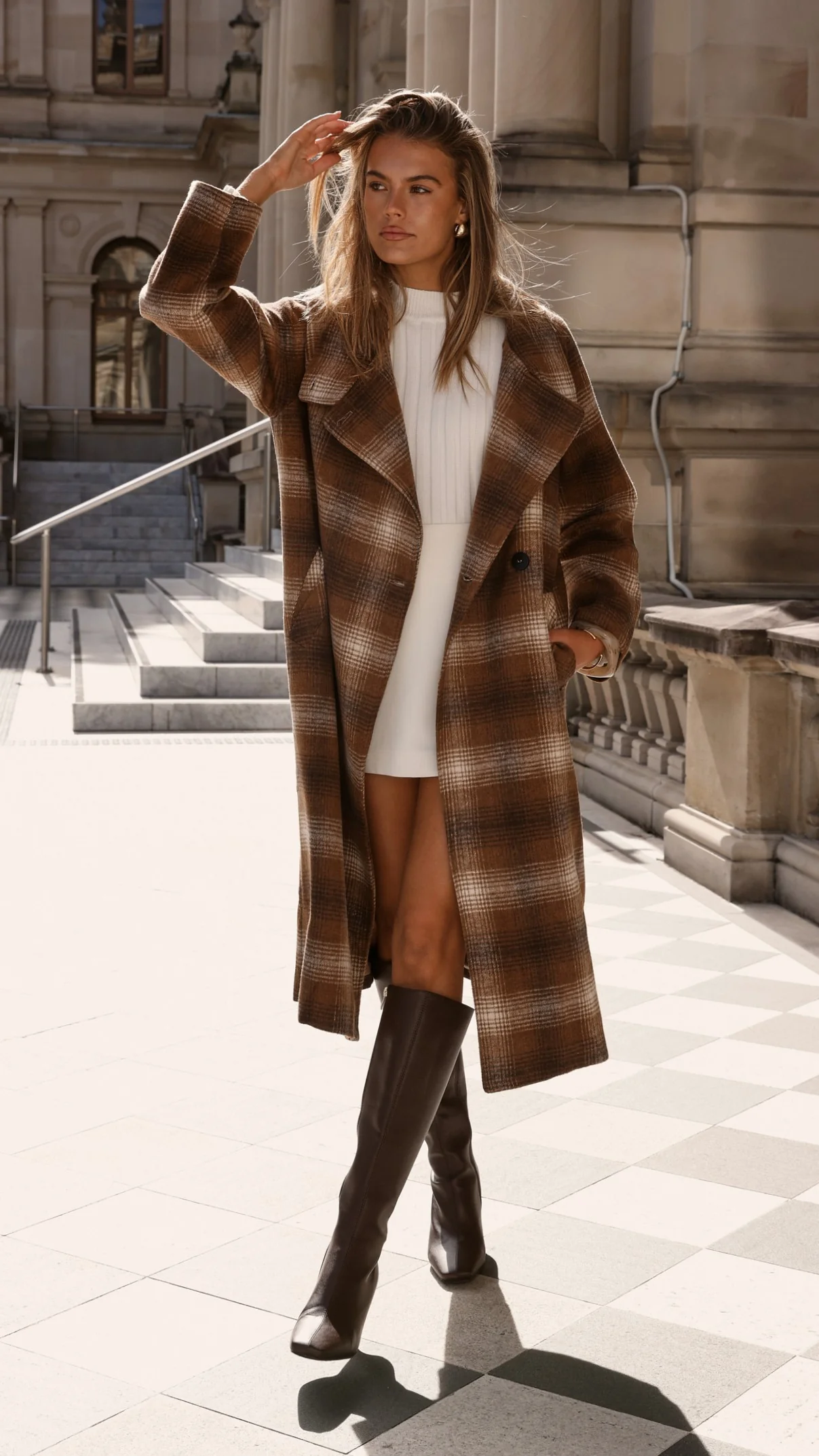 Haruna Coat - Brown / Beige Plaid Print - Image 11