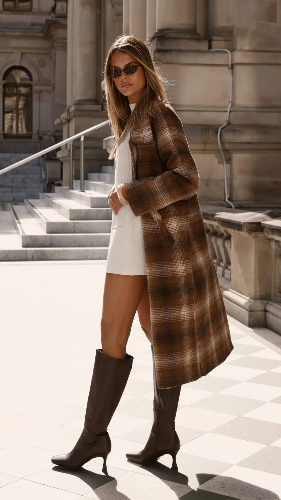 Haruna Coat - Brown / Beige Plaid Print - Image 7