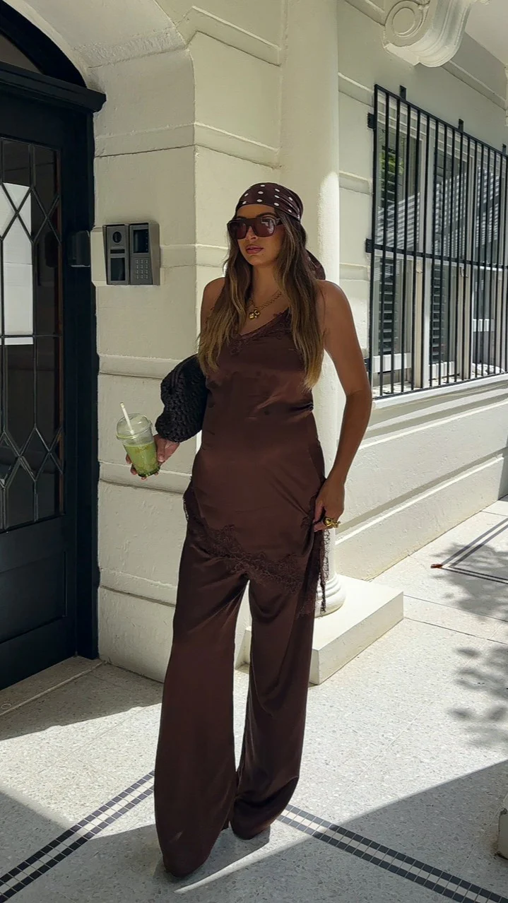 Hayleigh Asymmetrical Top and Pants Set - Chocolate/Lace - Image 11