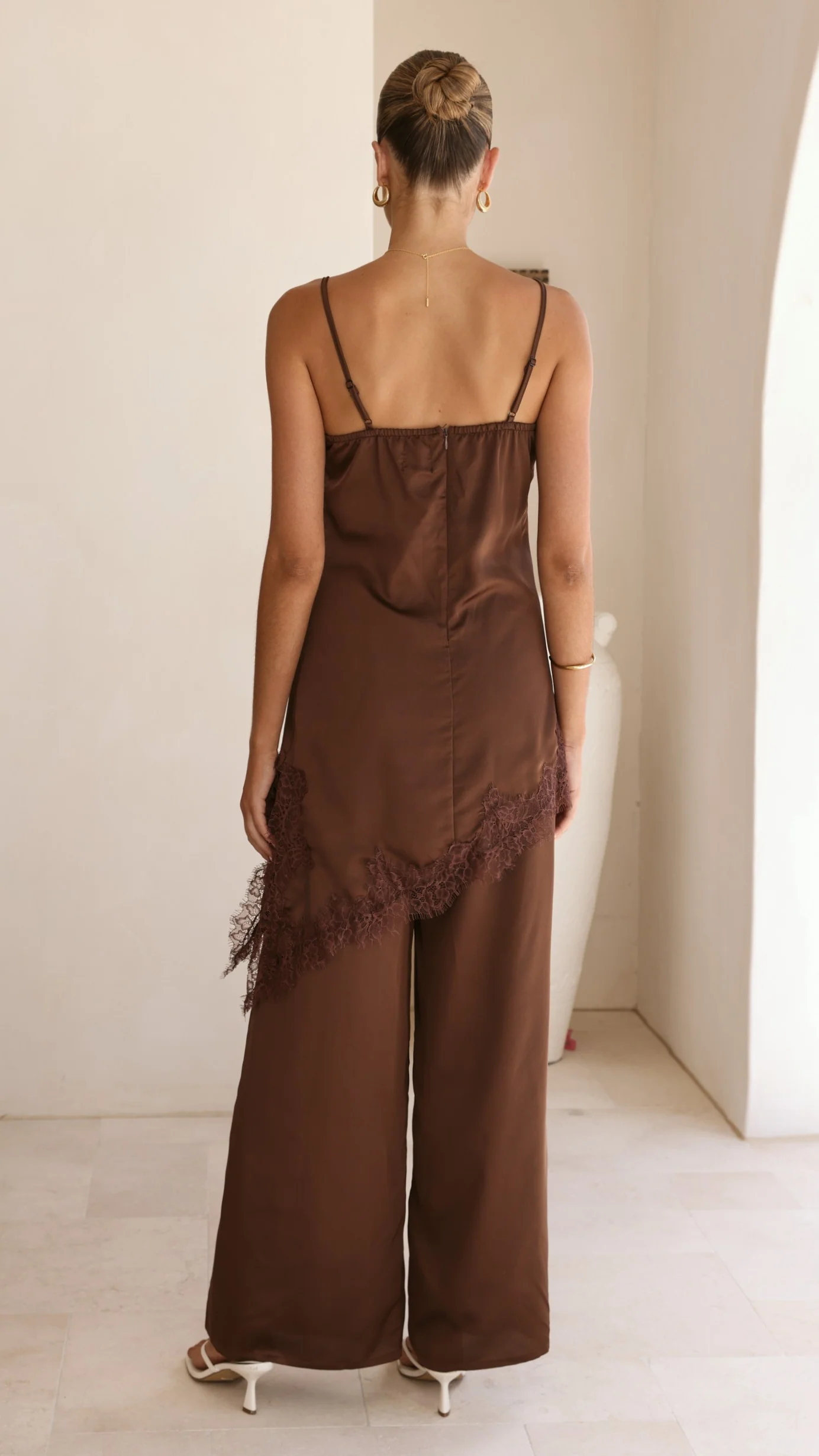 Hayleigh Asymmetrical Top and Pants Set - Chocolate/Lace - Image 2
