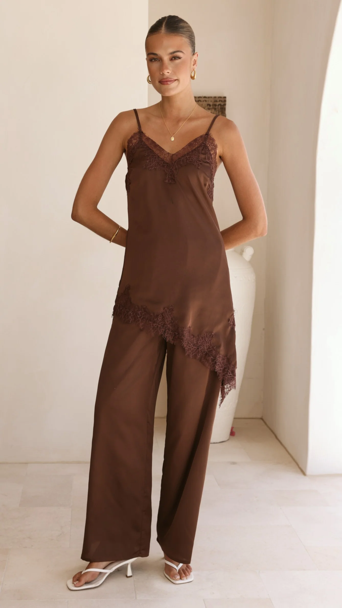 Hayleigh Asymmetrical Top and Pants Set - Chocolate/Lace - Image 3
