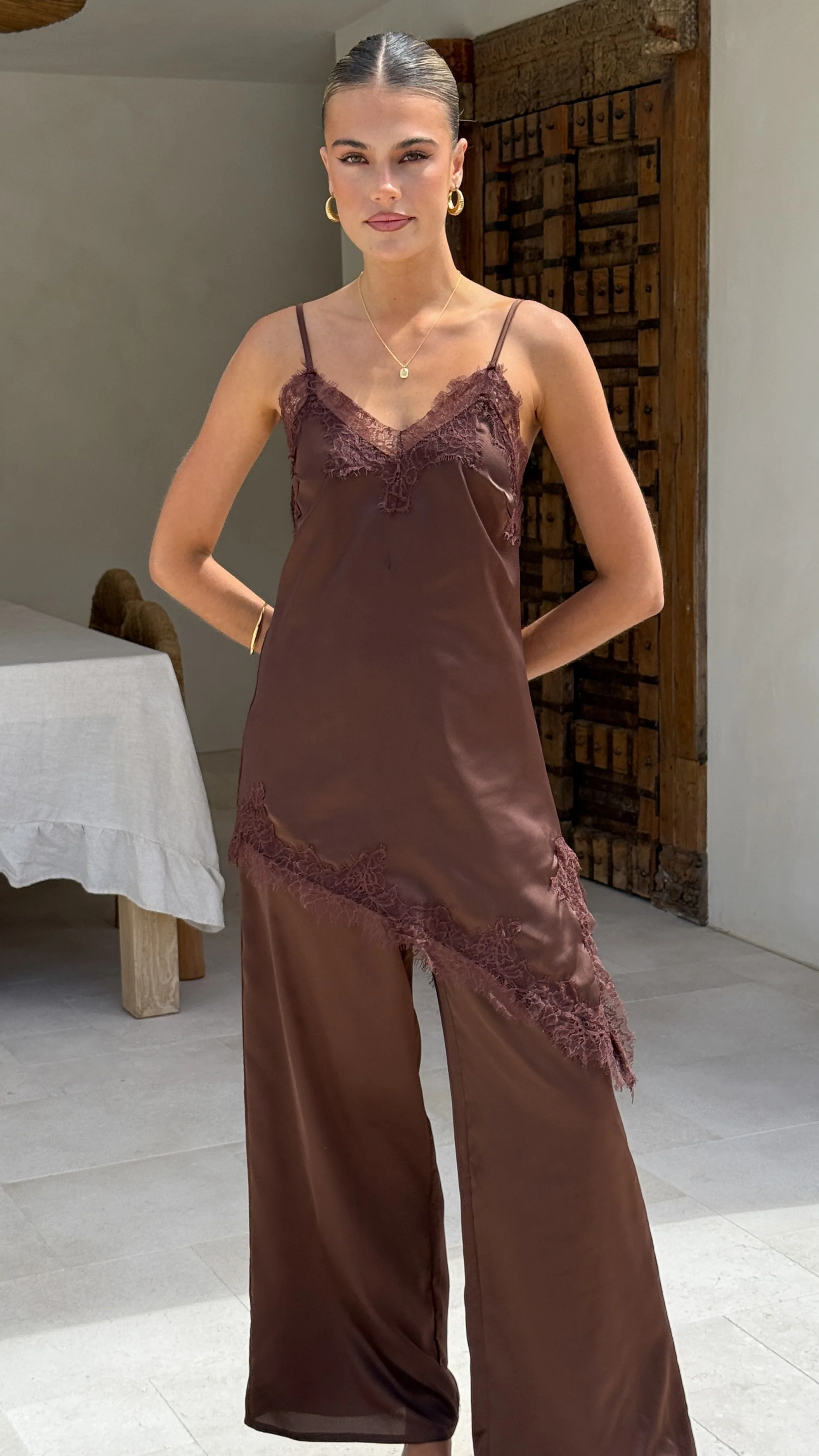Hayleigh Asymmetrical Top and Pants Set - Chocolate/Lace - Image 5