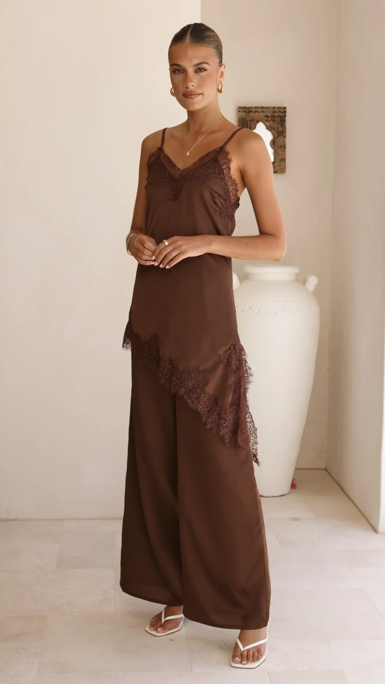 Hayleigh Asymmetrical Top and Pants Set - Chocolate/Lace - Image 6