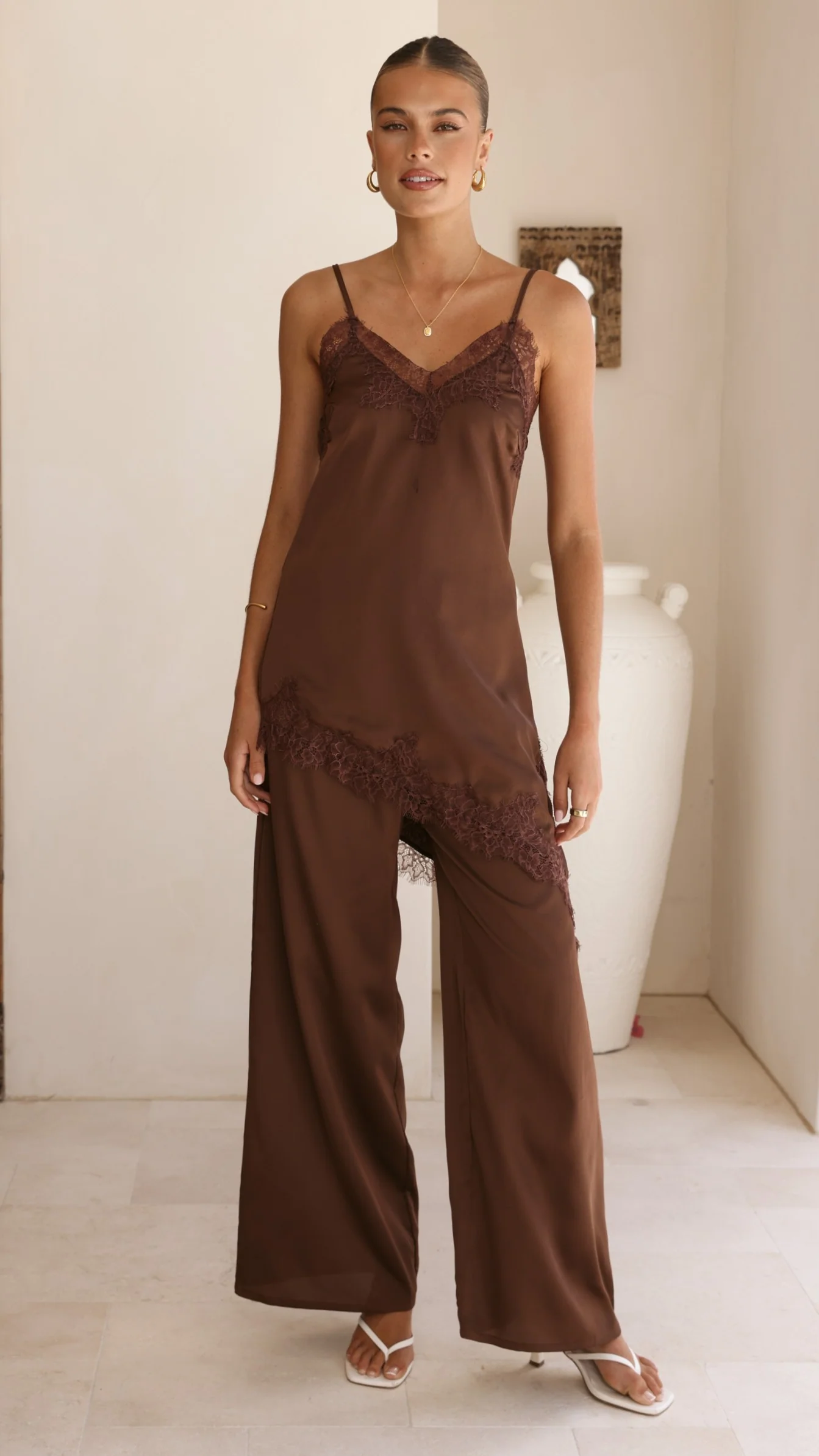 Hayleigh Asymmetrical Top and Pants Set - Chocolate/Lace - Image 7
